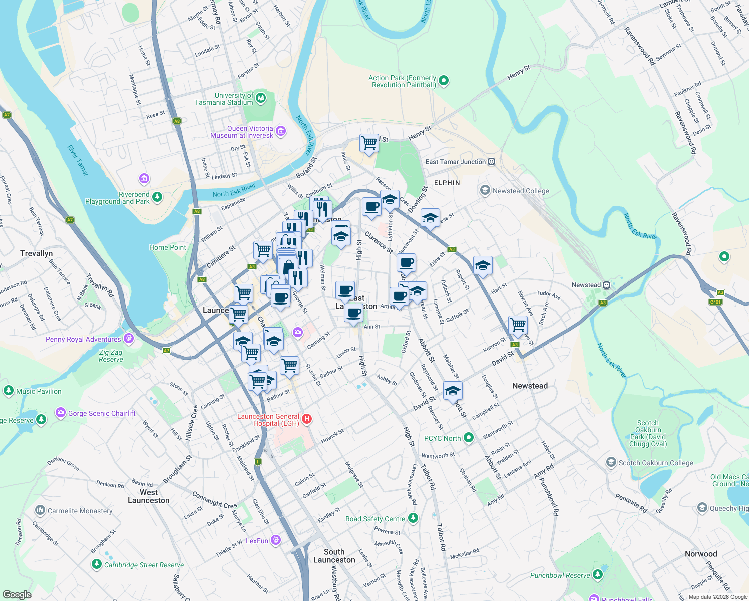 map of restaurants, bars, coffee shops, grocery stores, and more near 64 Arthur Street in East Launceston