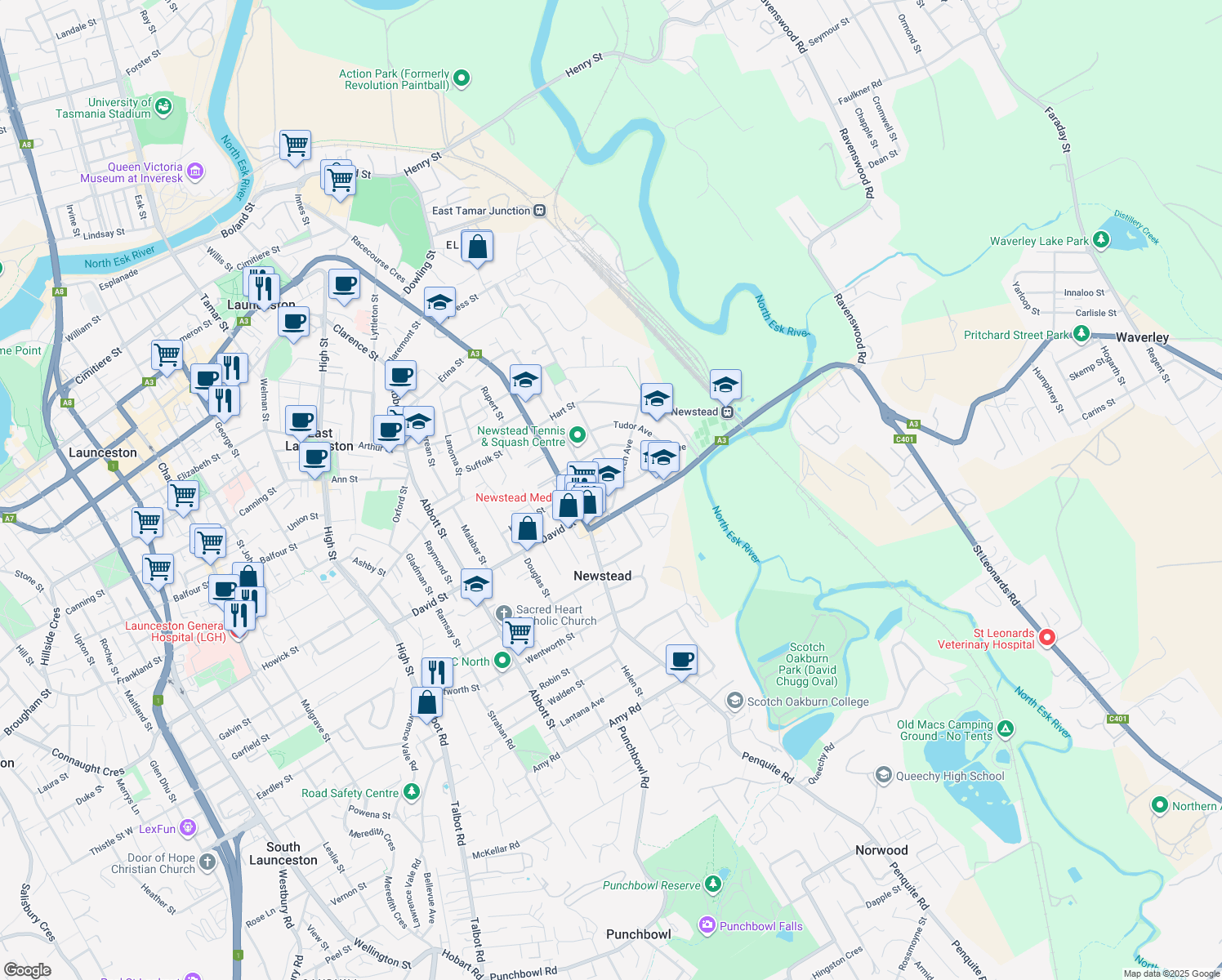 map of restaurants, bars, coffee shops, grocery stores, and more near 5 Birch Avenue in Newstead