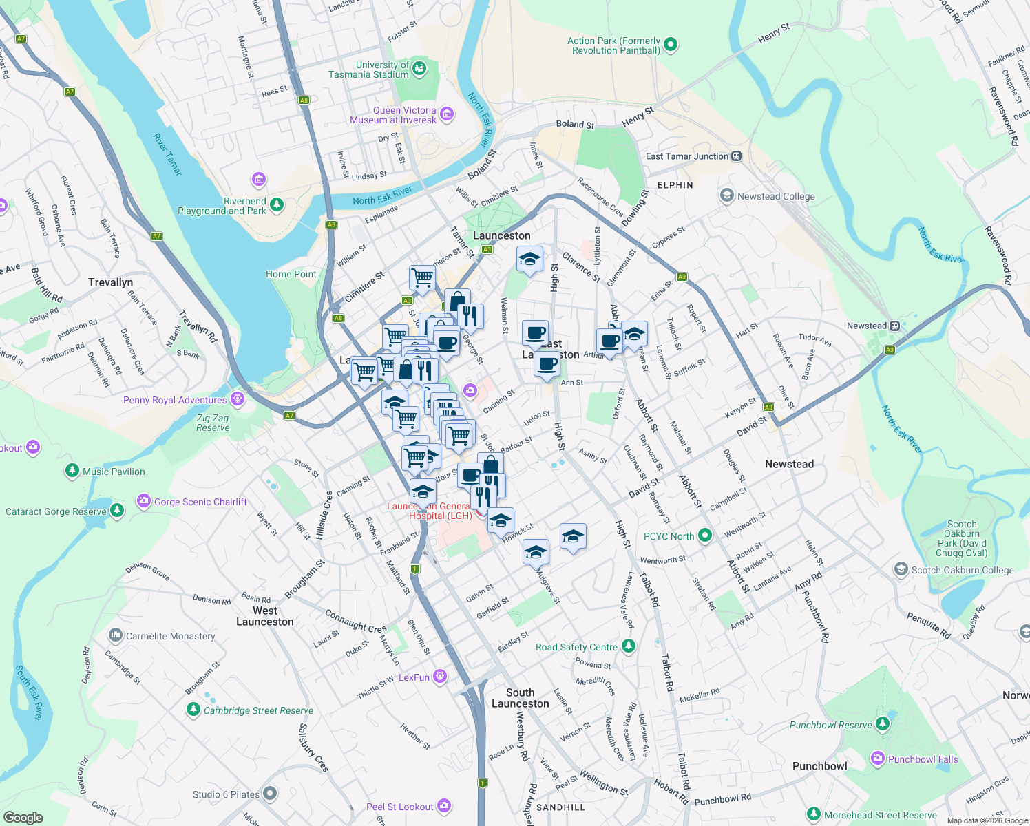 map of restaurants, bars, coffee shops, grocery stores, and more near 205 George Street in Launceston