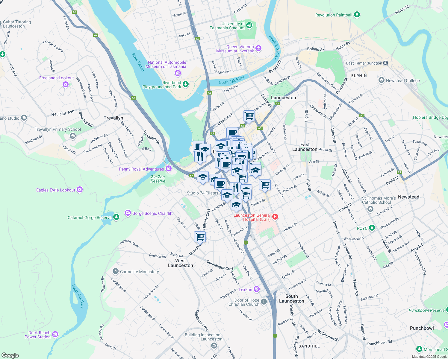 map of restaurants, bars, coffee shops, grocery stores, and more near 109 Elizabeth Street in Launceston