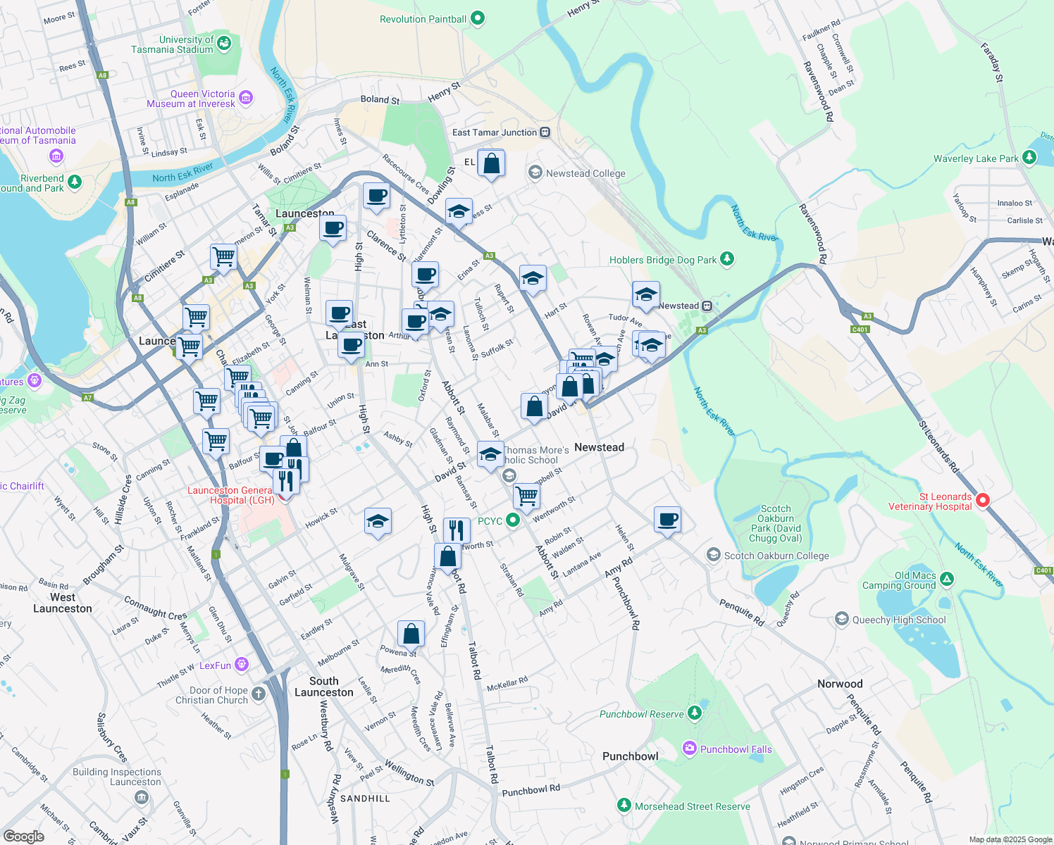 map of restaurants, bars, coffee shops, grocery stores, and more near 30A David Street in Newstead