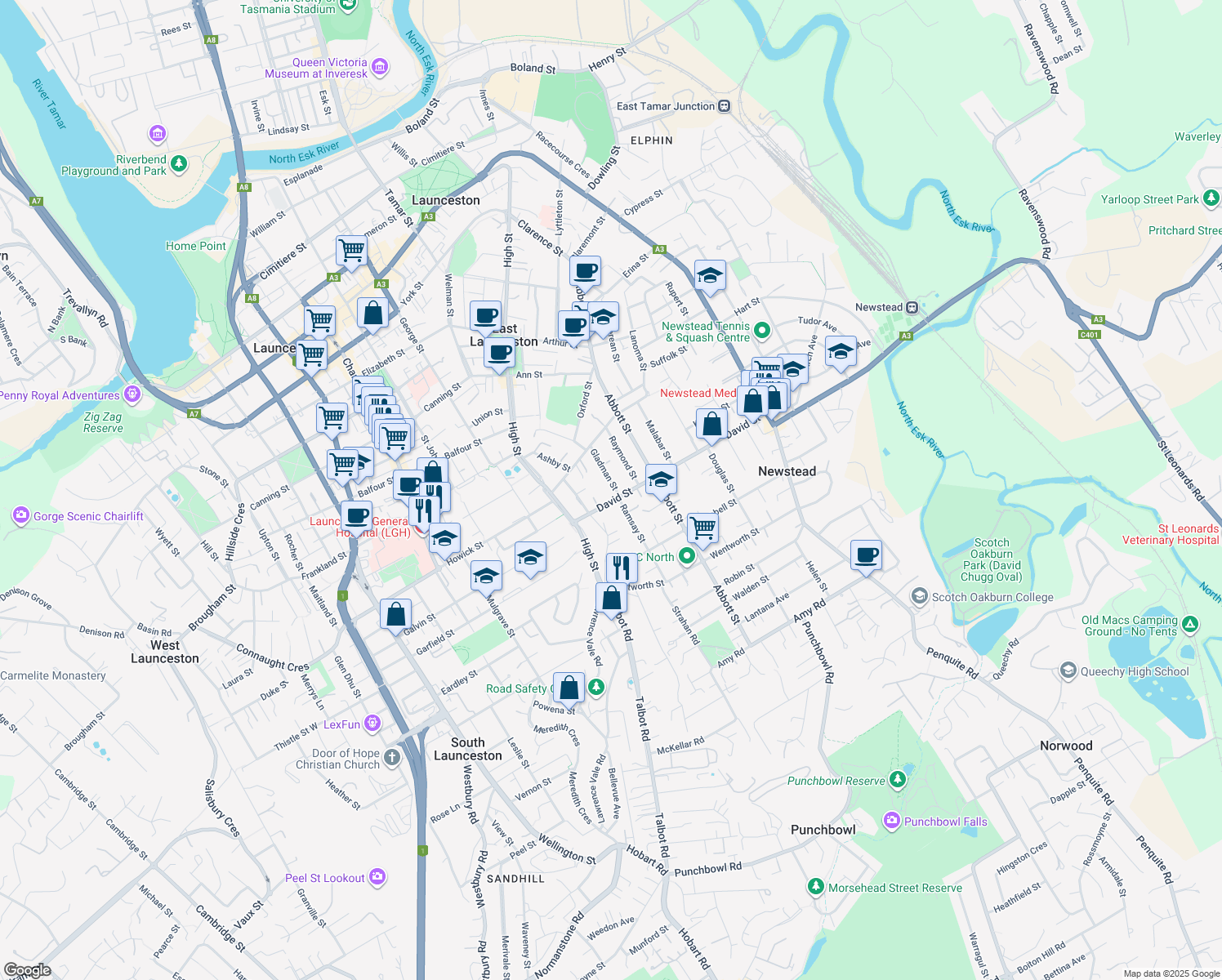 map of restaurants, bars, coffee shops, grocery stores, and more near 20 Gladman Street in East Launceston