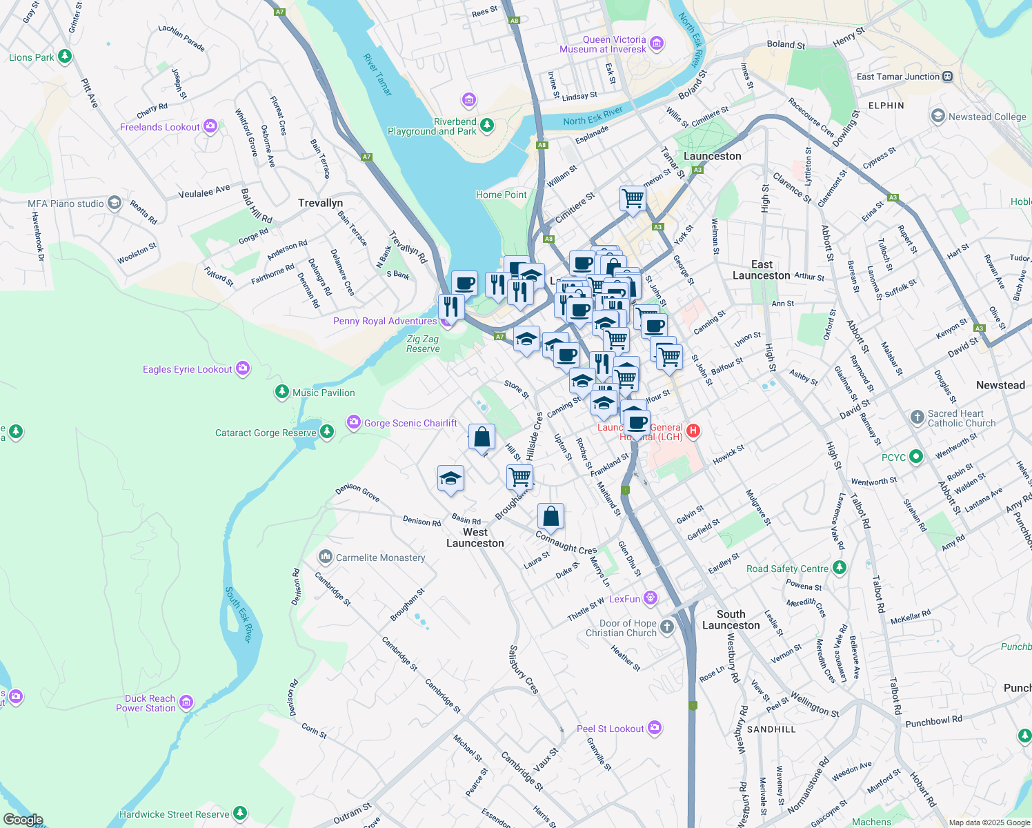 map of restaurants, bars, coffee shops, grocery stores, and more near 17 Reserve Street in West Launceston