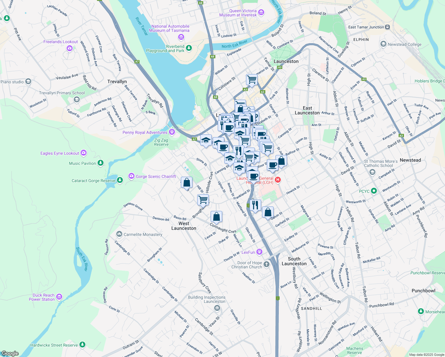 map of restaurants, bars, coffee shops, grocery stores, and more near 10 Alice Place in Launceston