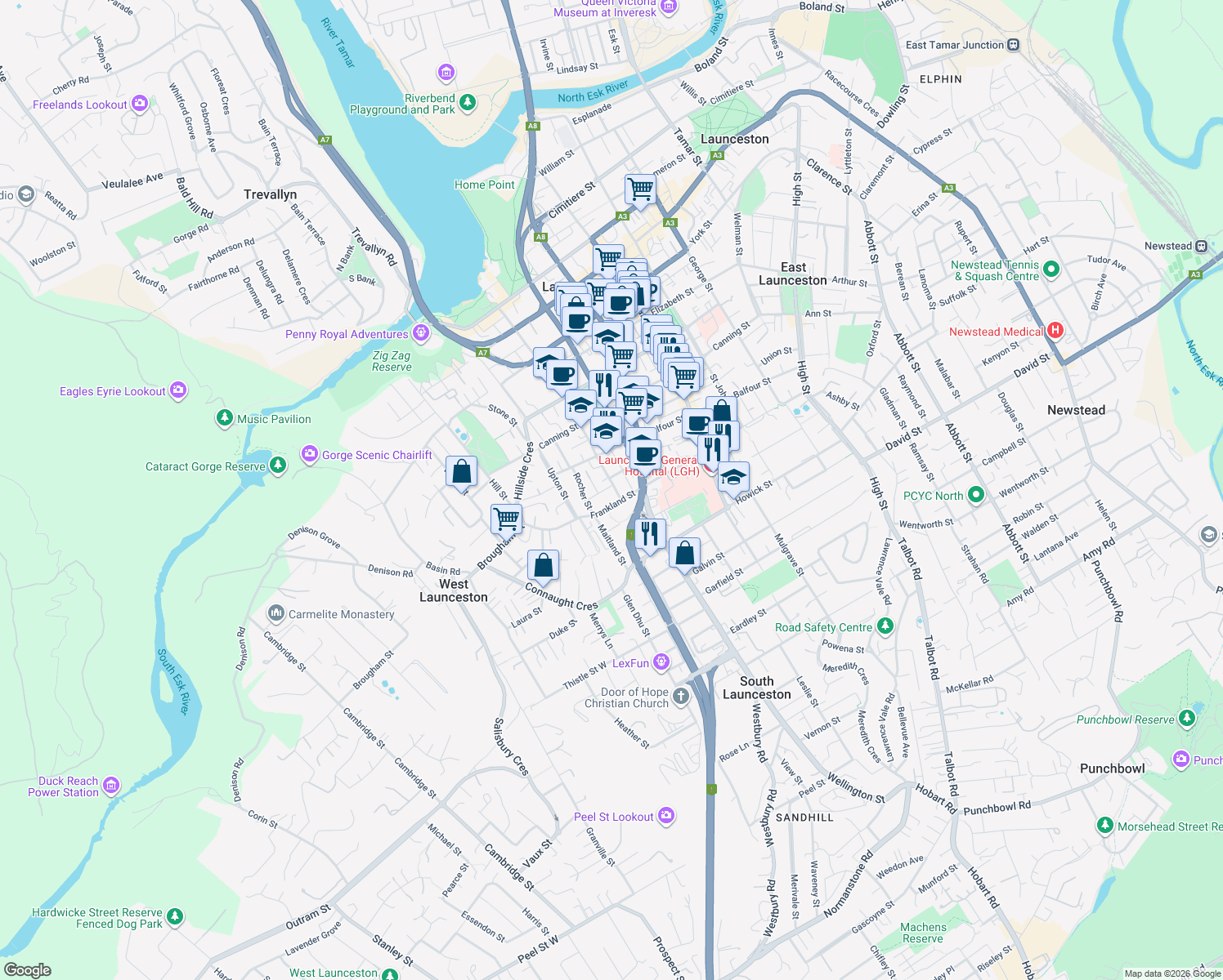 map of restaurants, bars, coffee shops, grocery stores, and more near 128 Margaret Street in Launceston