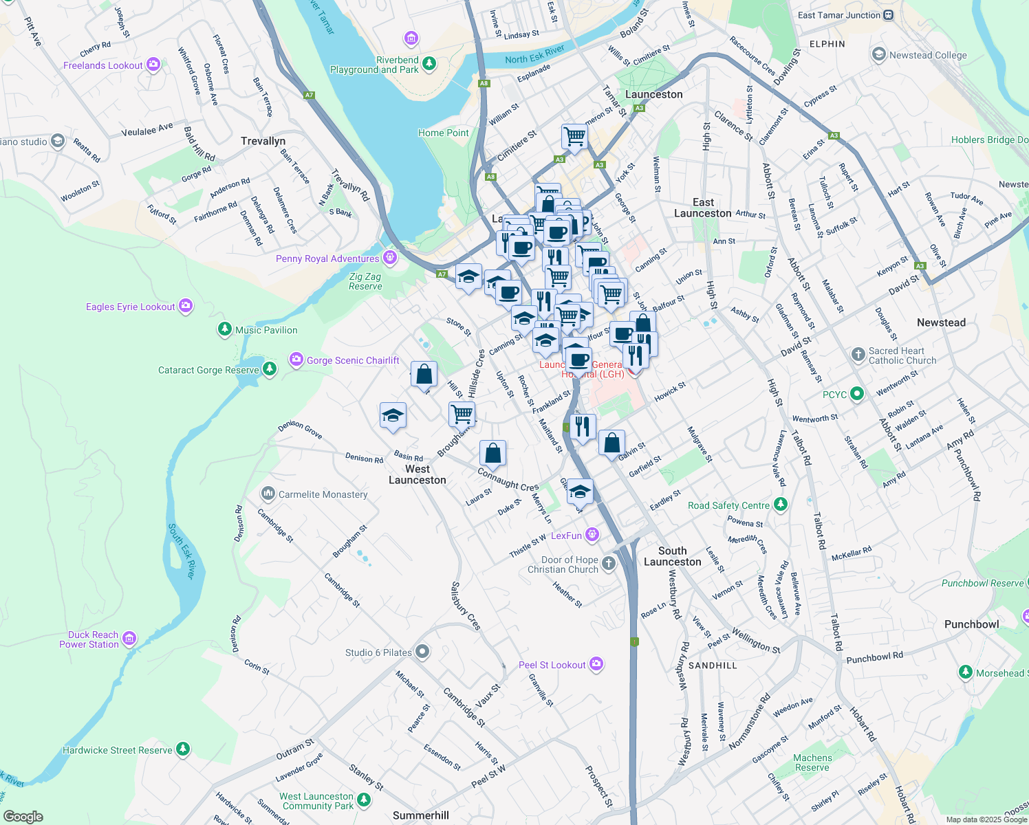map of restaurants, bars, coffee shops, grocery stores, and more near 60 Upton Street in Launceston