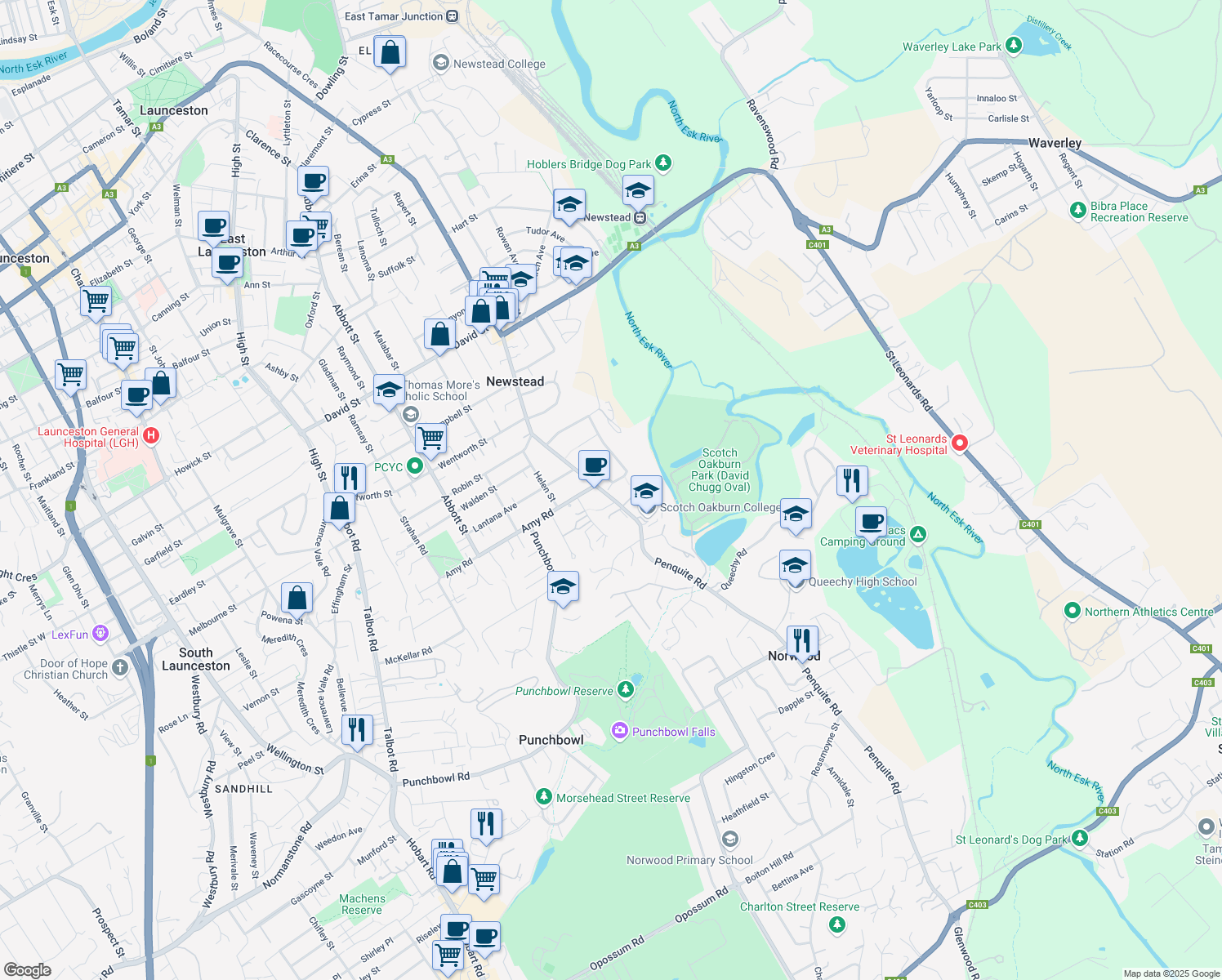 map of restaurants, bars, coffee shops, grocery stores, and more near 81 Penquite Road in Newstead