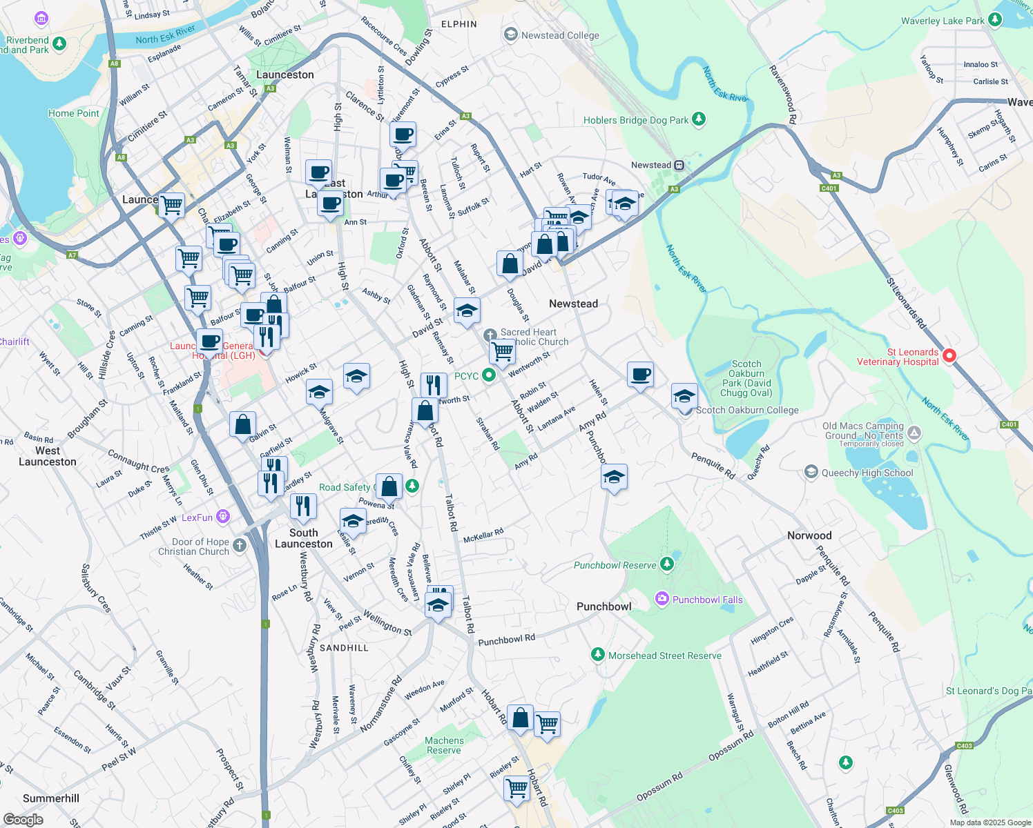 map of restaurants, bars, coffee shops, grocery stores, and more near 160 Abbott Street in Newstead