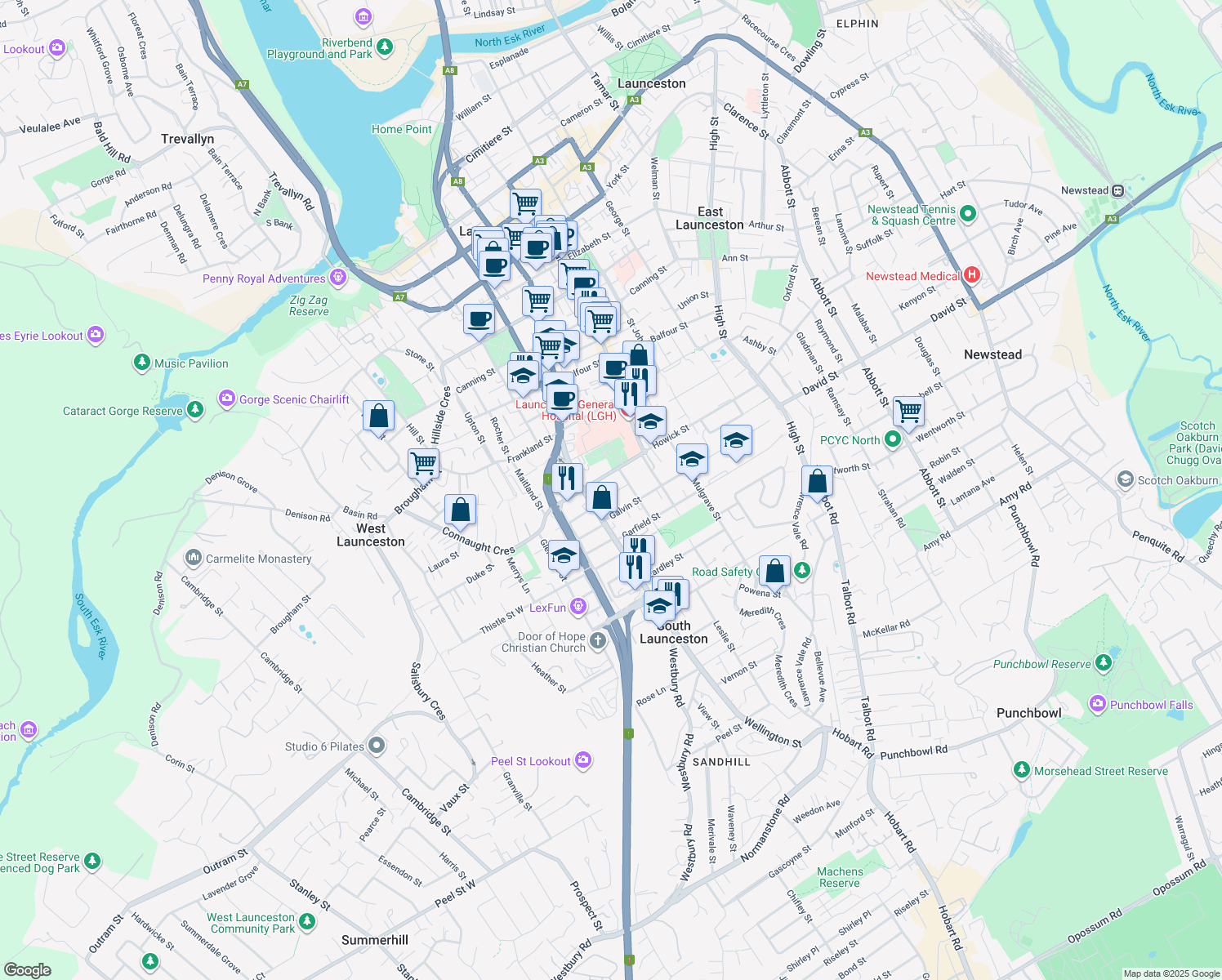 map of restaurants, bars, coffee shops, grocery stores, and more near 26 West Street in South Launceston