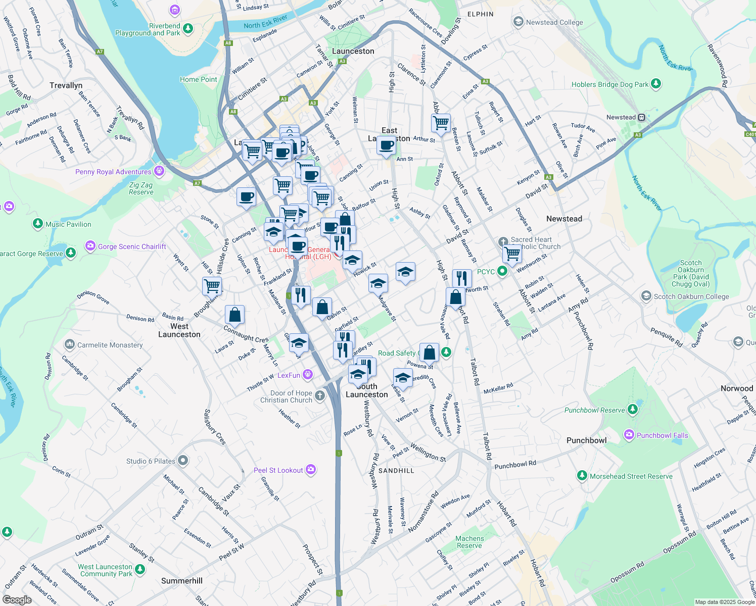 map of restaurants, bars, coffee shops, grocery stores, and more near 4 Garfield Street in South Launceston
