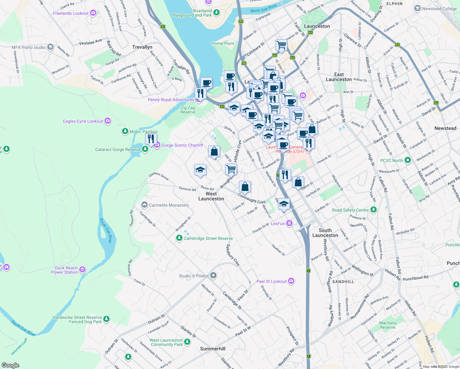 map of restaurants, bars, coffee shops, grocery stores, and more near 12 Esther Street in West Launceston