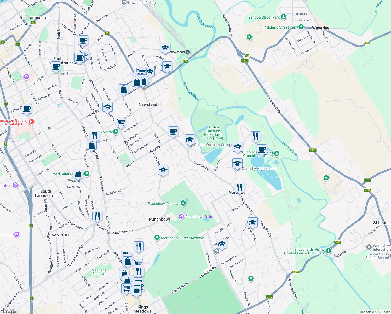 map of restaurants, bars, coffee shops, grocery stores, and more near 8 Barossa Place in Newstead