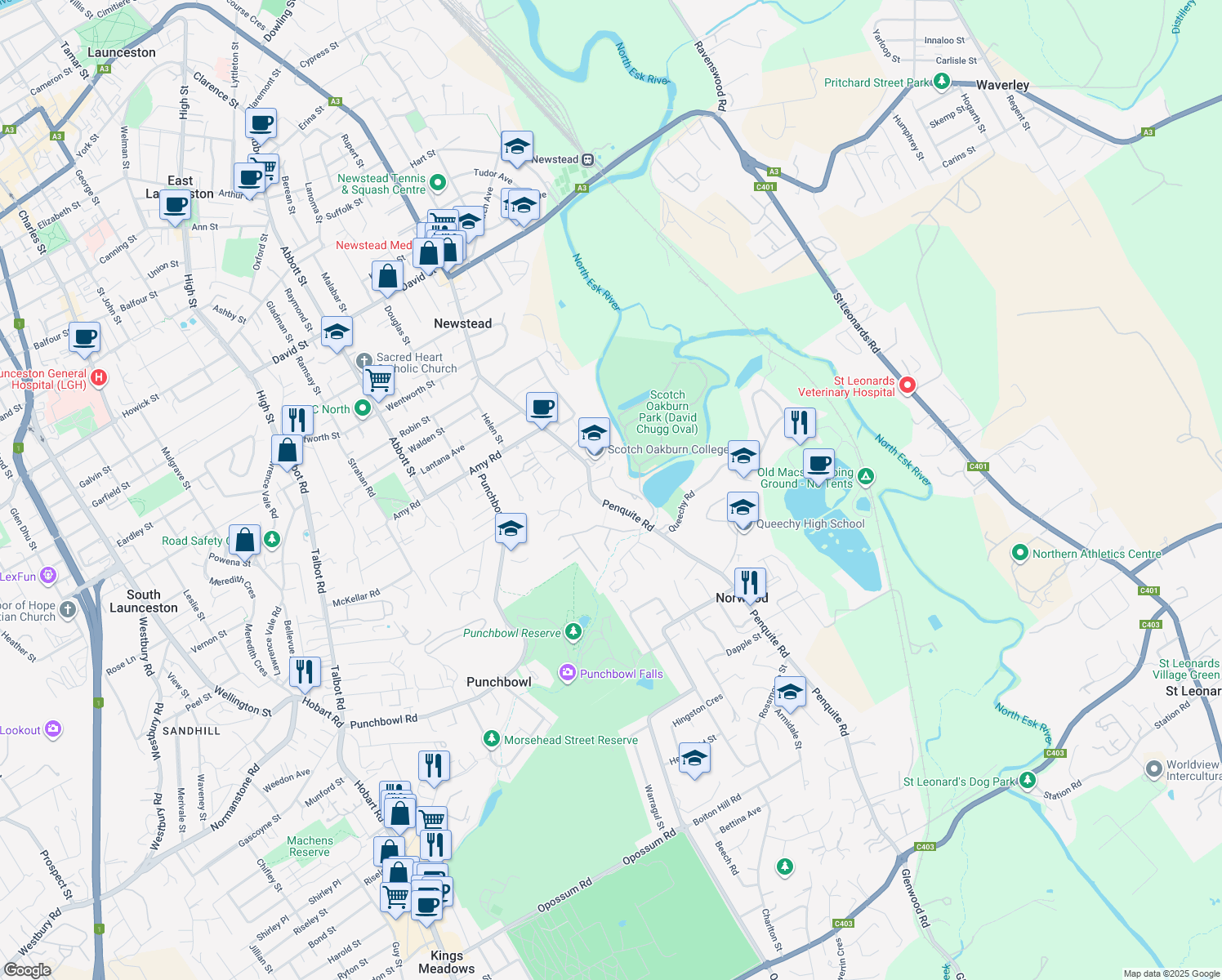 map of restaurants, bars, coffee shops, grocery stores, and more near 8 Barossa Place in Newstead