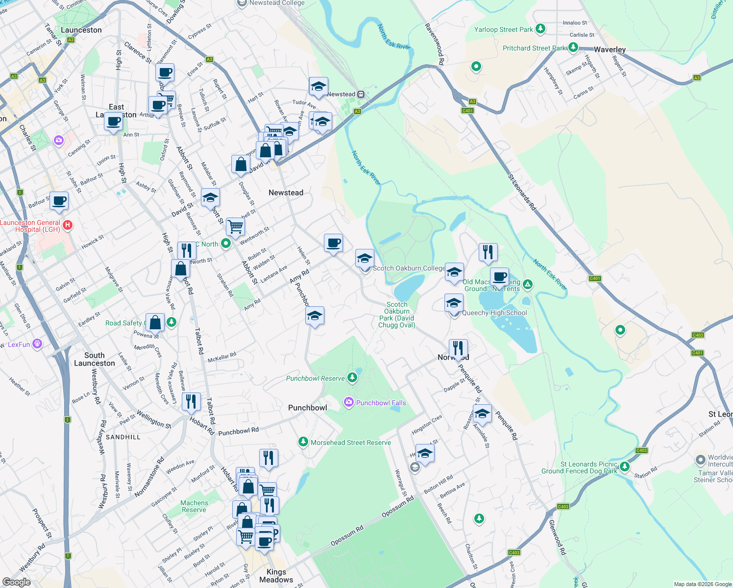 map of restaurants, bars, coffee shops, grocery stores, and more near 117 Penquite Road in Newstead