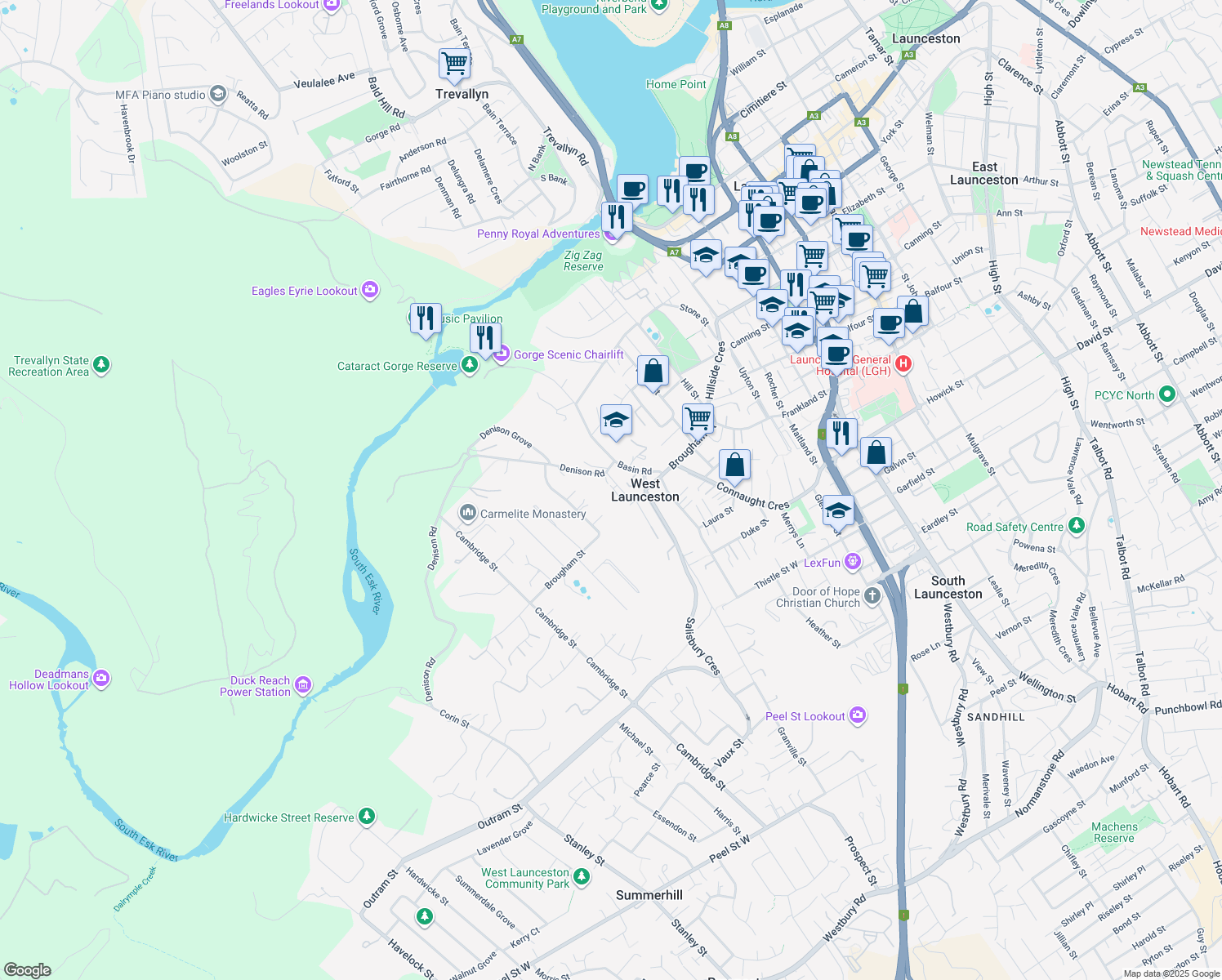 map of restaurants, bars, coffee shops, grocery stores, and more near 1A Denison Road in West Launceston