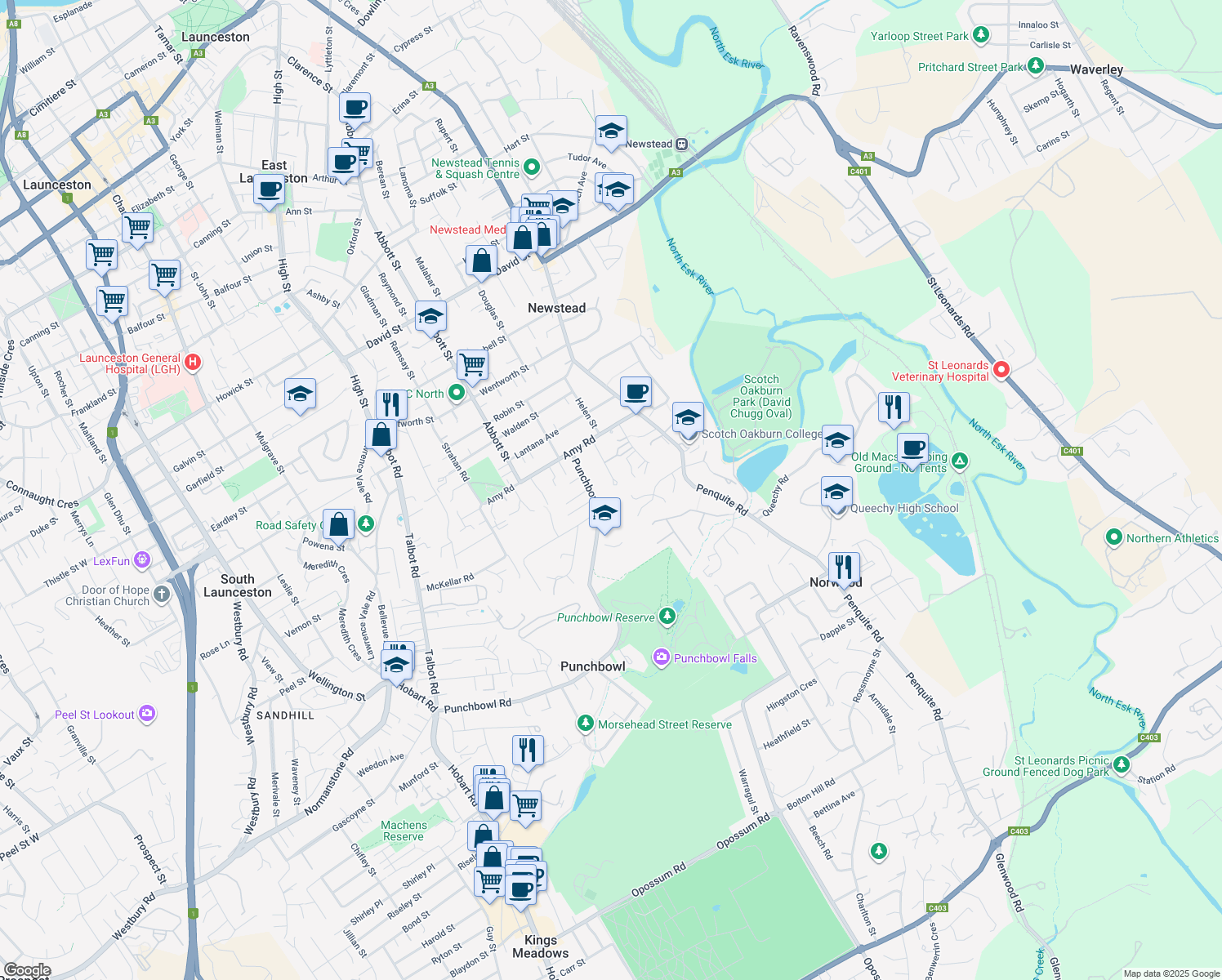map of restaurants, bars, coffee shops, grocery stores, and more near 24 Arundel Street in Newstead