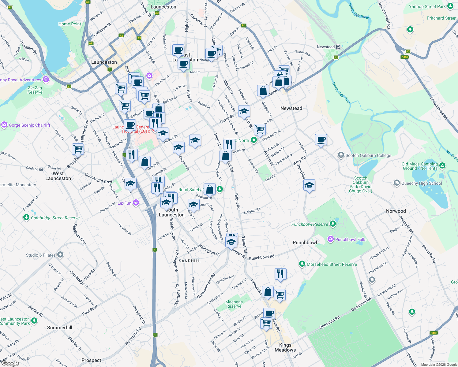 map of restaurants, bars, coffee shops, grocery stores, and more near 22 Effingham Street in South Launceston