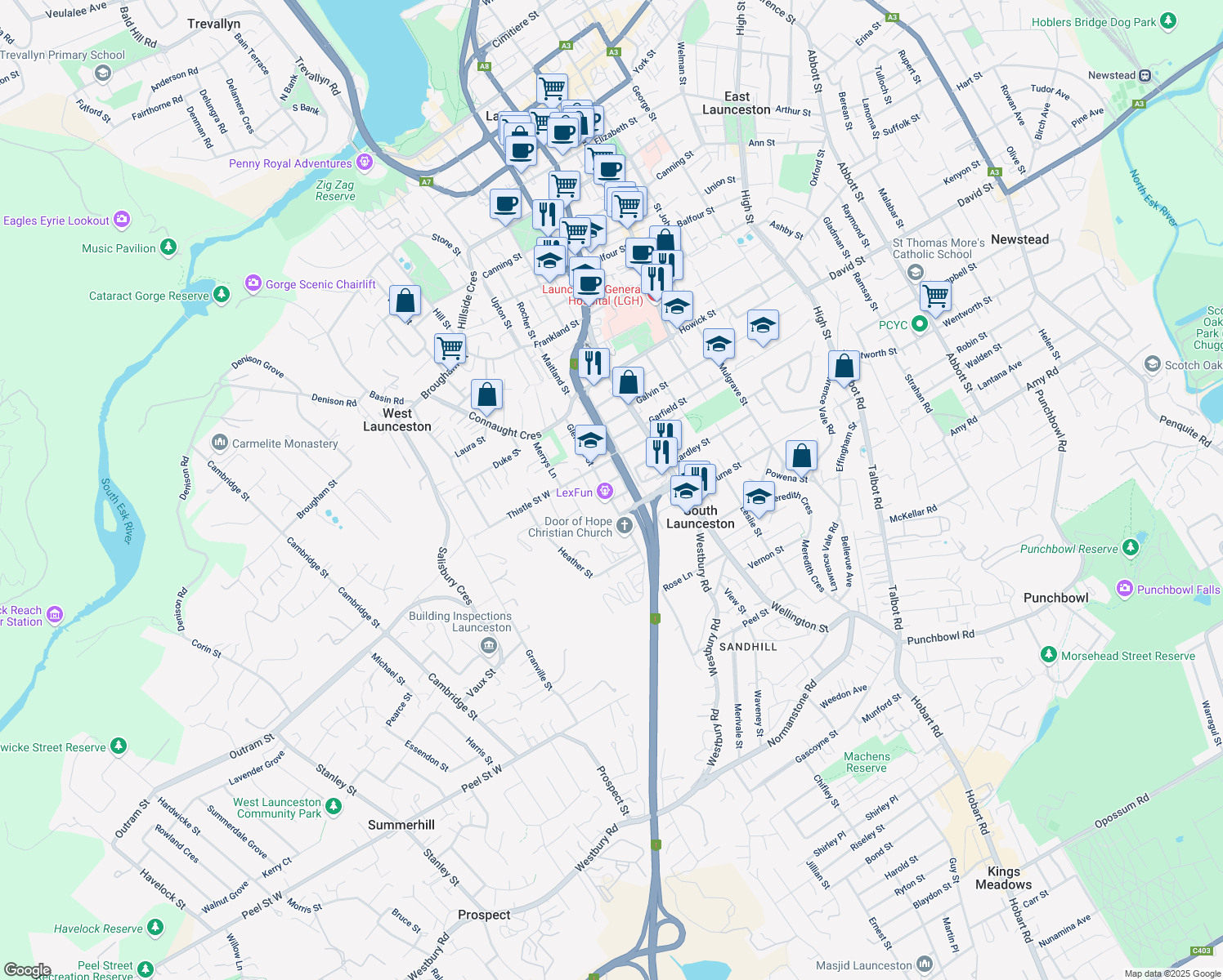 map of restaurants, bars, coffee shops, grocery stores, and more near 29 Glen Dhu Street in South Launceston