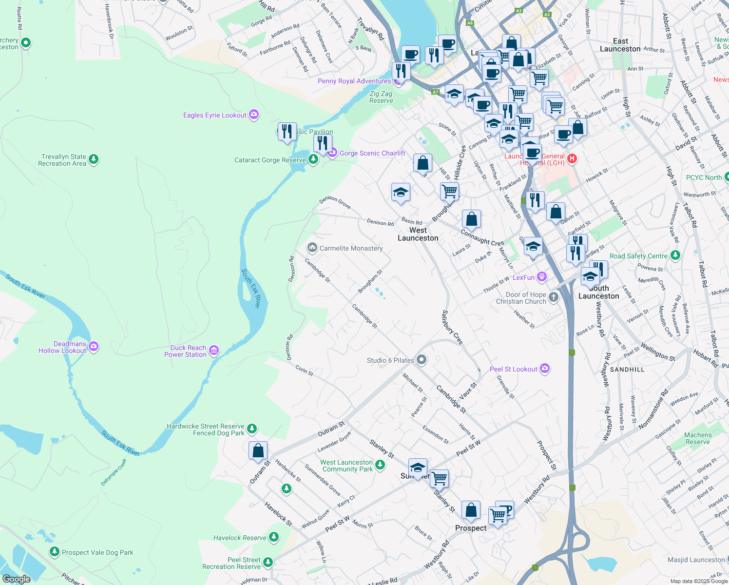 map of restaurants, bars, coffee shops, grocery stores, and more near 87 Brougham Street in West Launceston