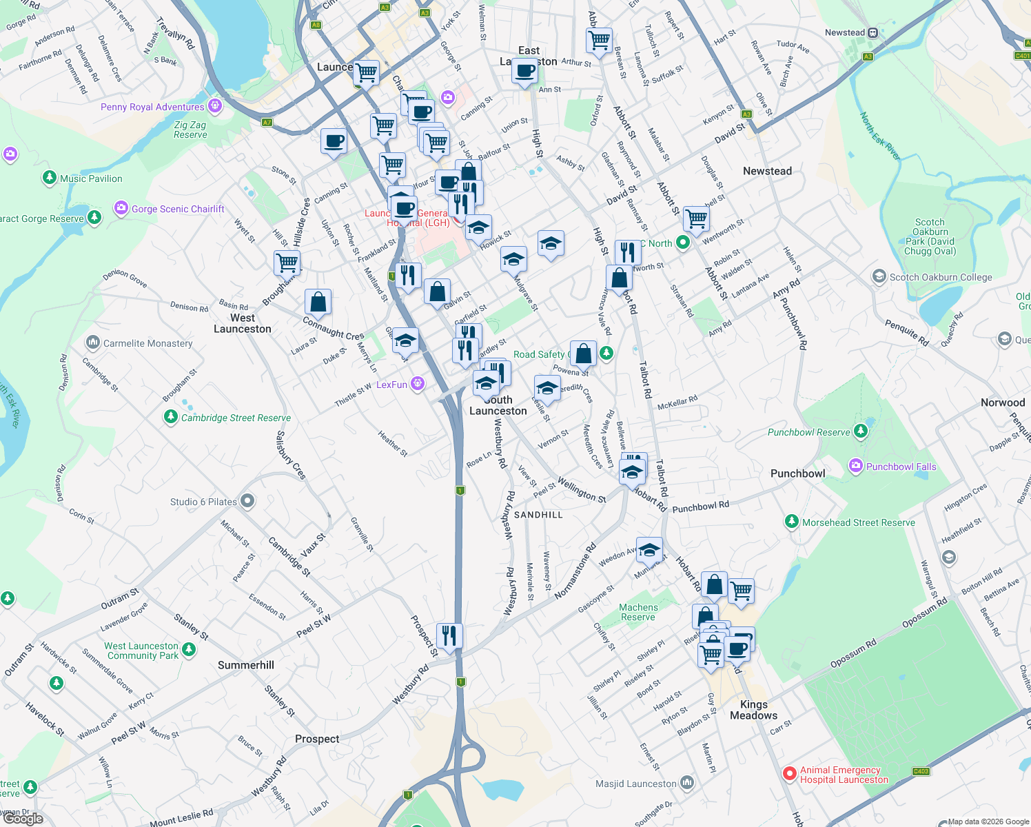 map of restaurants, bars, coffee shops, grocery stores, and more near 2 Cridge Street in South Launceston