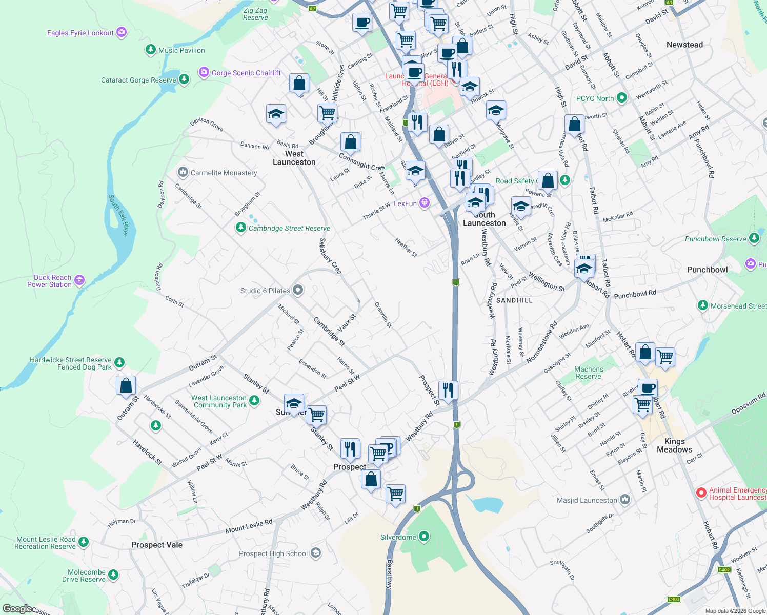 map of restaurants, bars, coffee shops, grocery stores, and more near 113 Granville Street in West Launceston