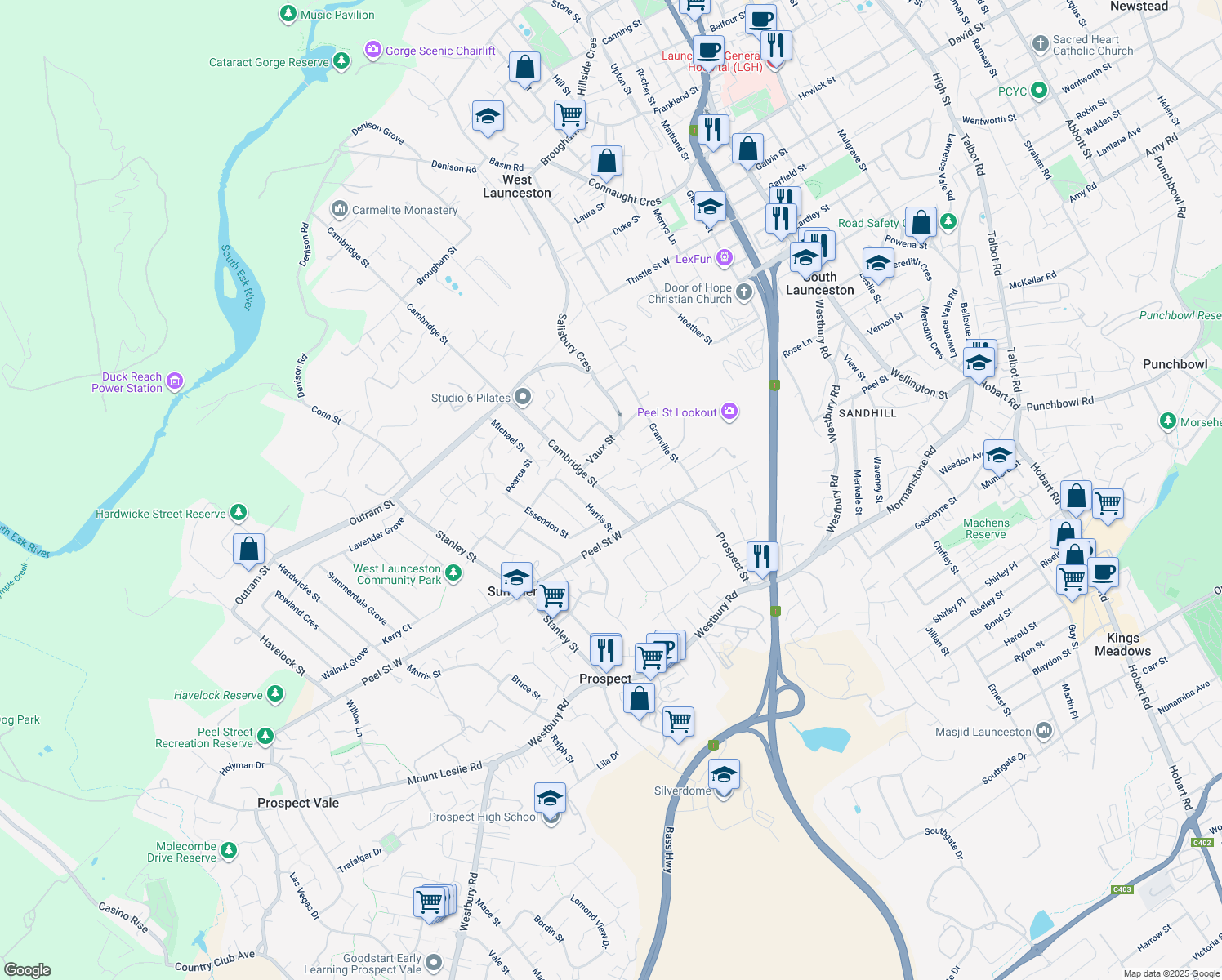 map of restaurants, bars, coffee shops, grocery stores, and more near 187 Cambridge Street in West Launceston