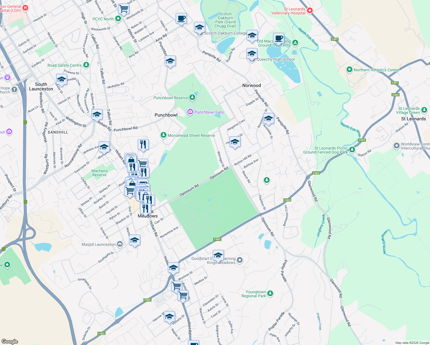 map of restaurants, bars, coffee shops, grocery stores, and more near 101 Opossum Road in Norwood
