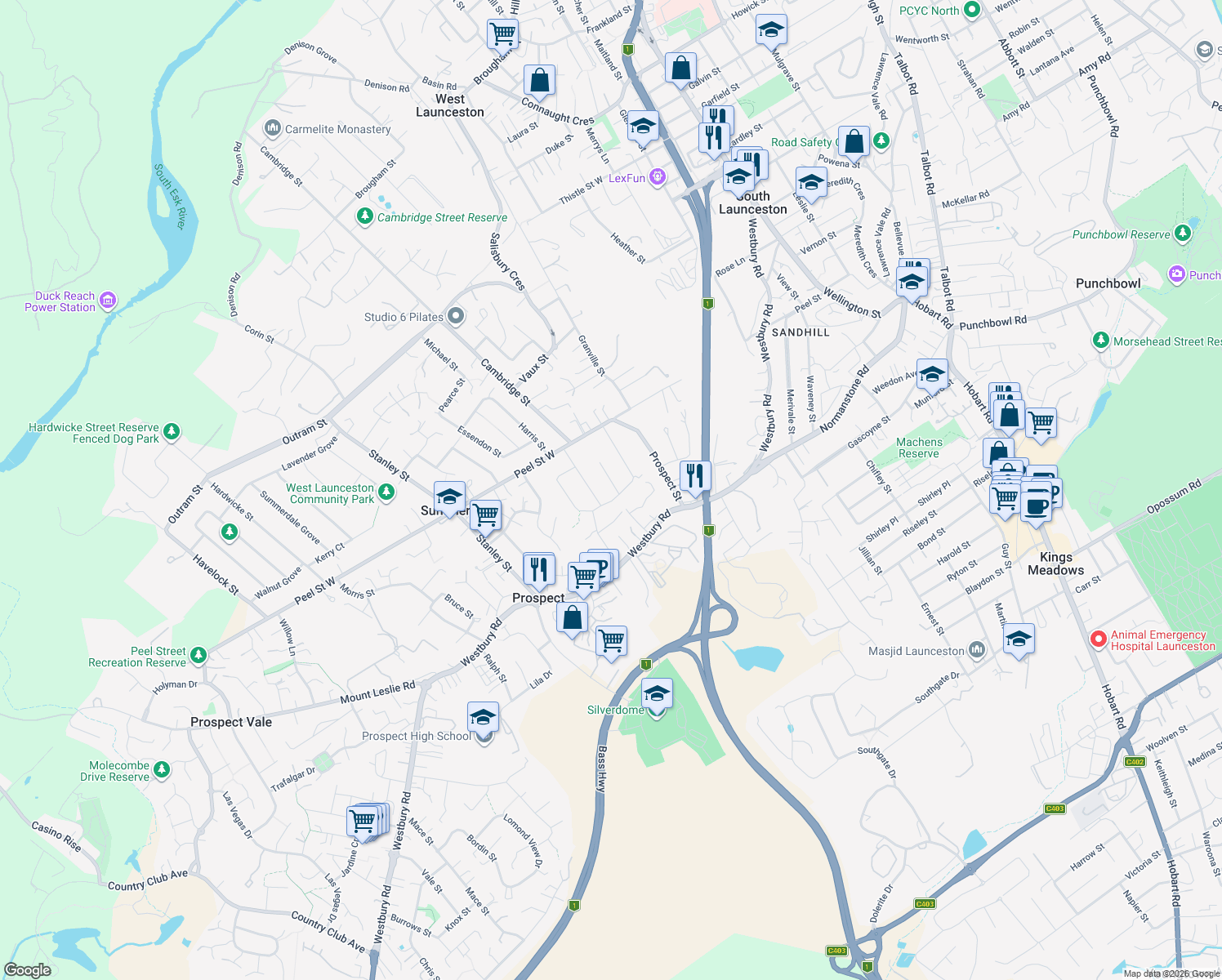 map of restaurants, bars, coffee shops, grocery stores, and more near 1 Peppermint Place in Prospect