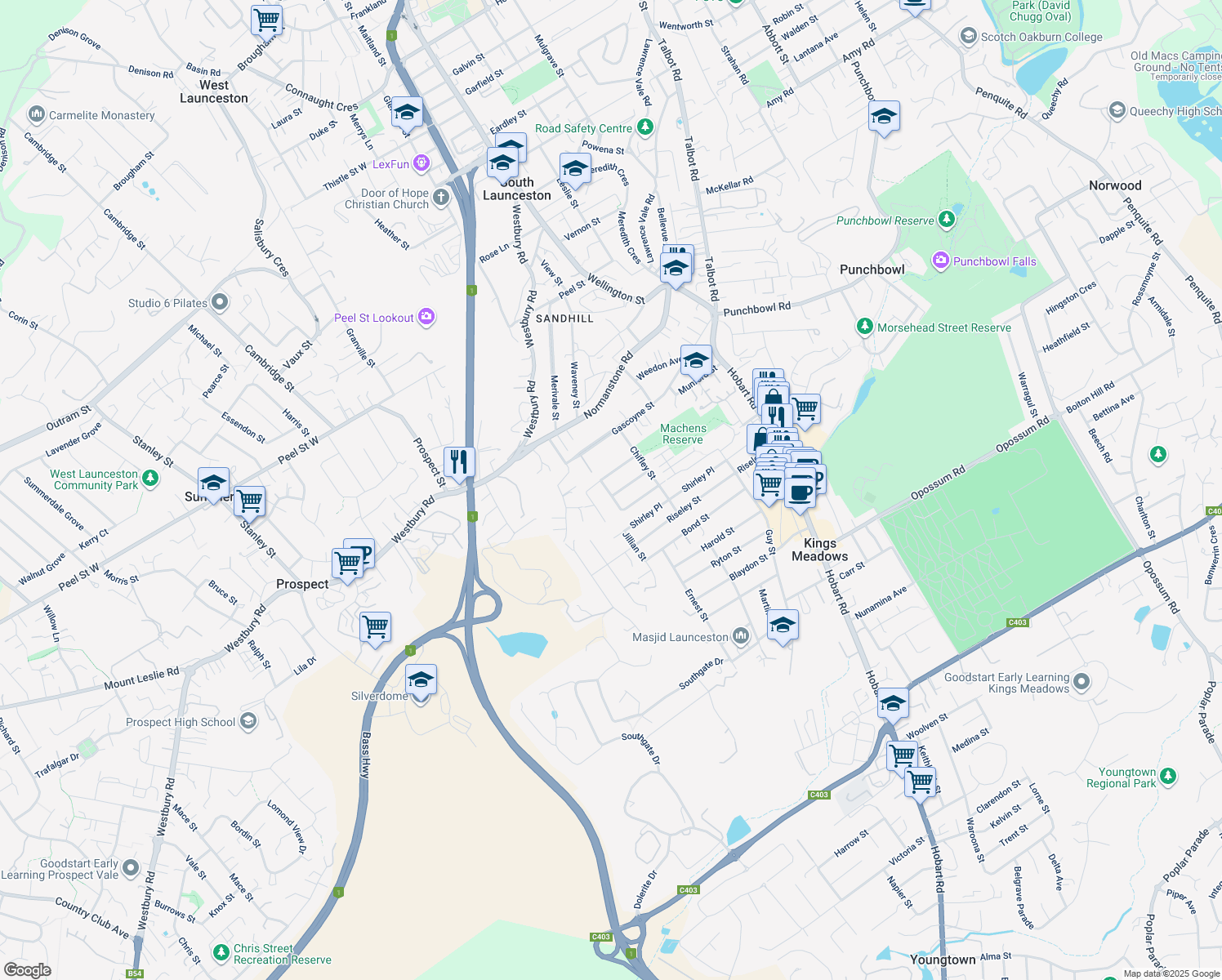 map of restaurants, bars, coffee shops, grocery stores, and more near 92 Panubra Street in Kings Meadows