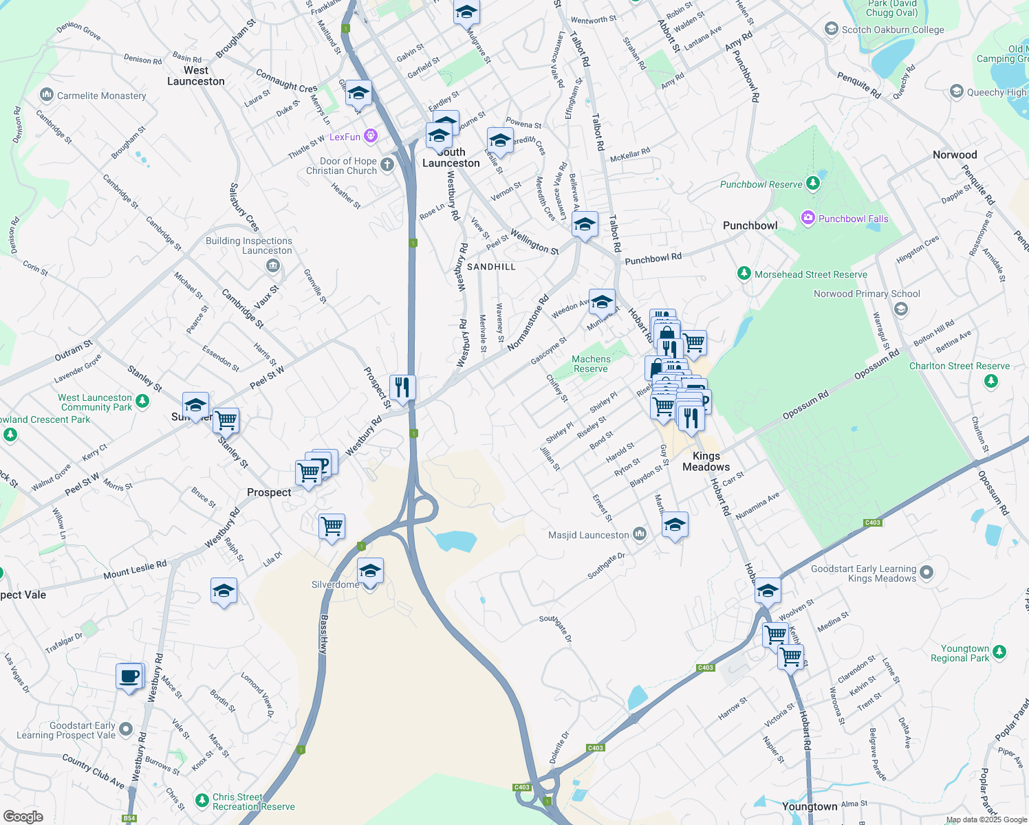 map of restaurants, bars, coffee shops, grocery stores, and more near 27 Maroney Street in Kings Meadows