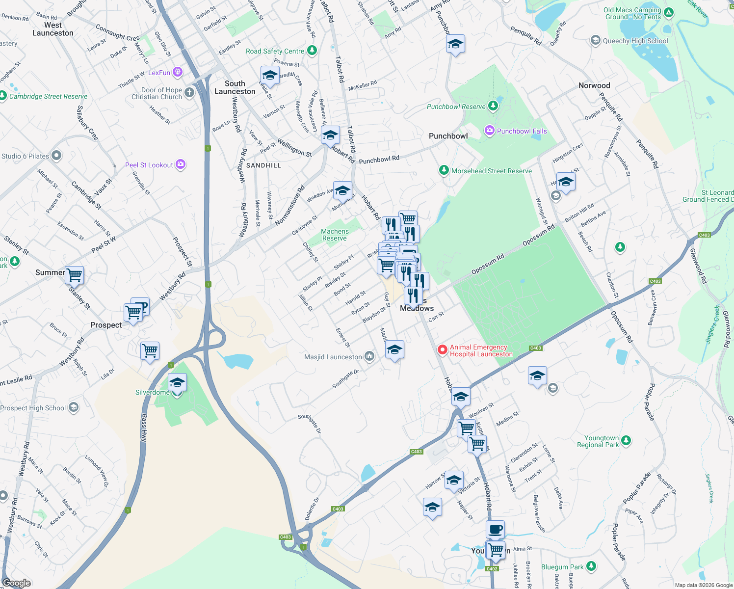 map of restaurants, bars, coffee shops, grocery stores, and more near 13 Harold Street in Kings Meadows