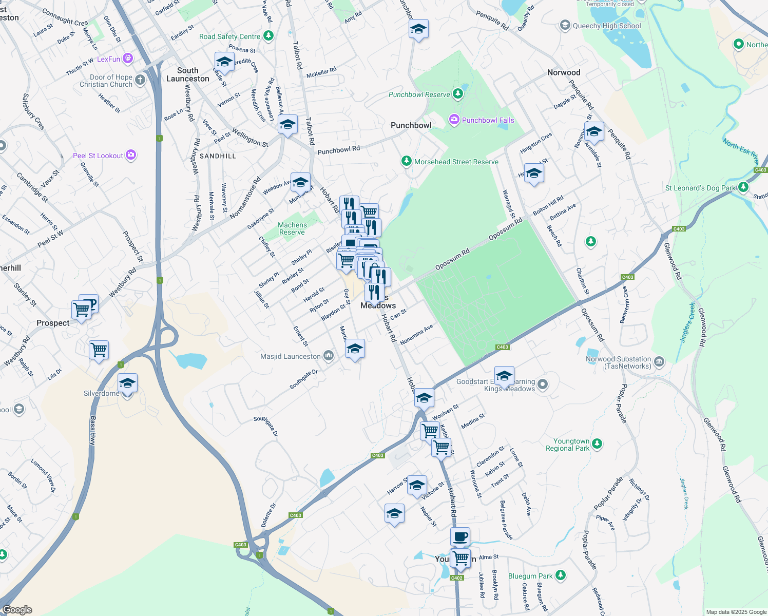 map of restaurants, bars, coffee shops, grocery stores, and more near 167 Hobart Road in Kings Meadows