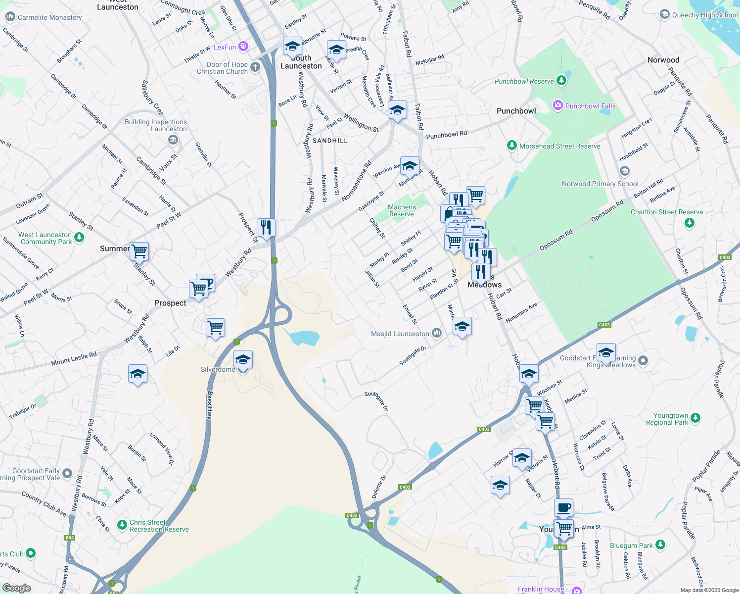 map of restaurants, bars, coffee shops, grocery stores, and more near 17A Nichols Street in Kings Meadows