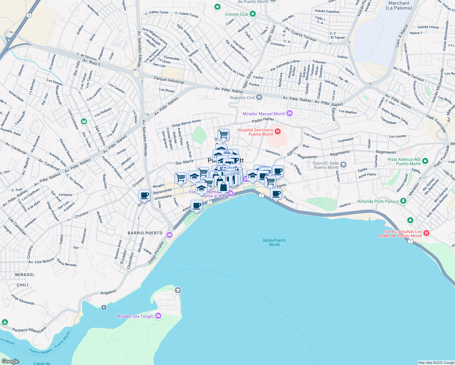 map of restaurants, bars, coffee shops, grocery stores, and more near 520 Urmeneta in Puerto Montt