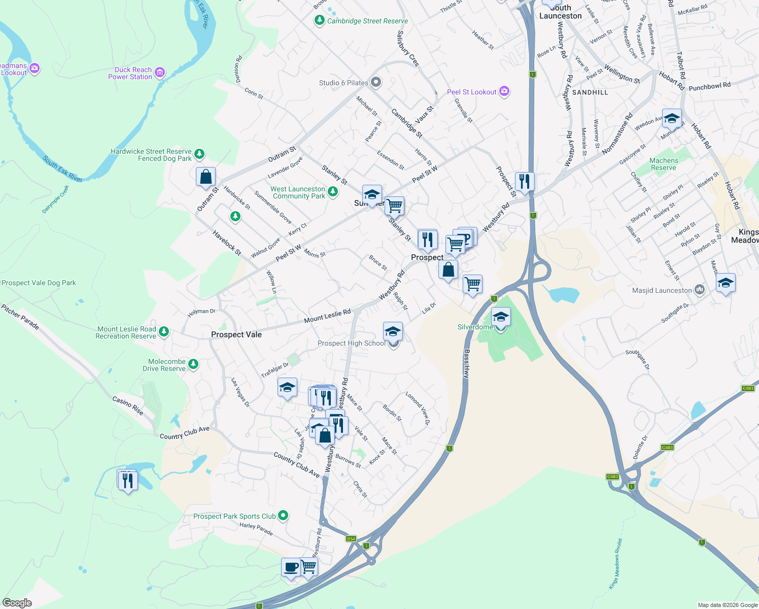 map of restaurants, bars, coffee shops, grocery stores, and more near 267 Westbury Road in Prospect