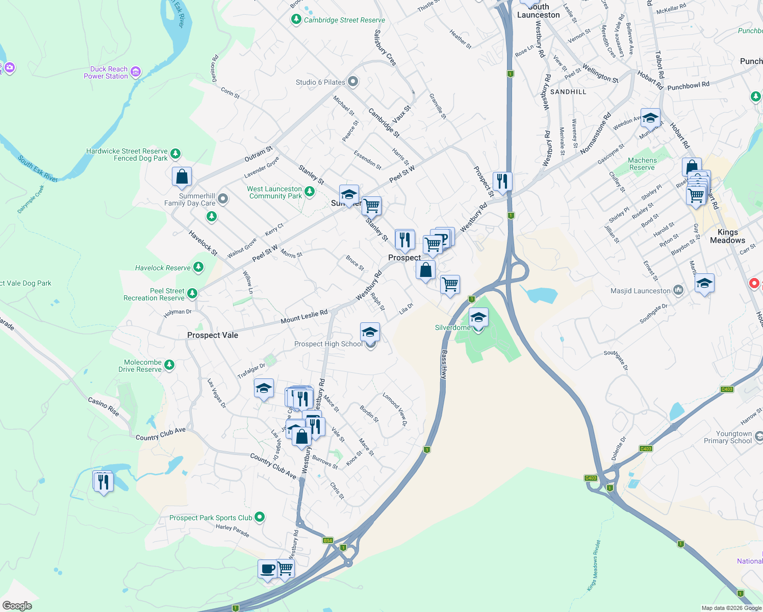map of restaurants, bars, coffee shops, grocery stores, and more near Ralph Street in Prospect