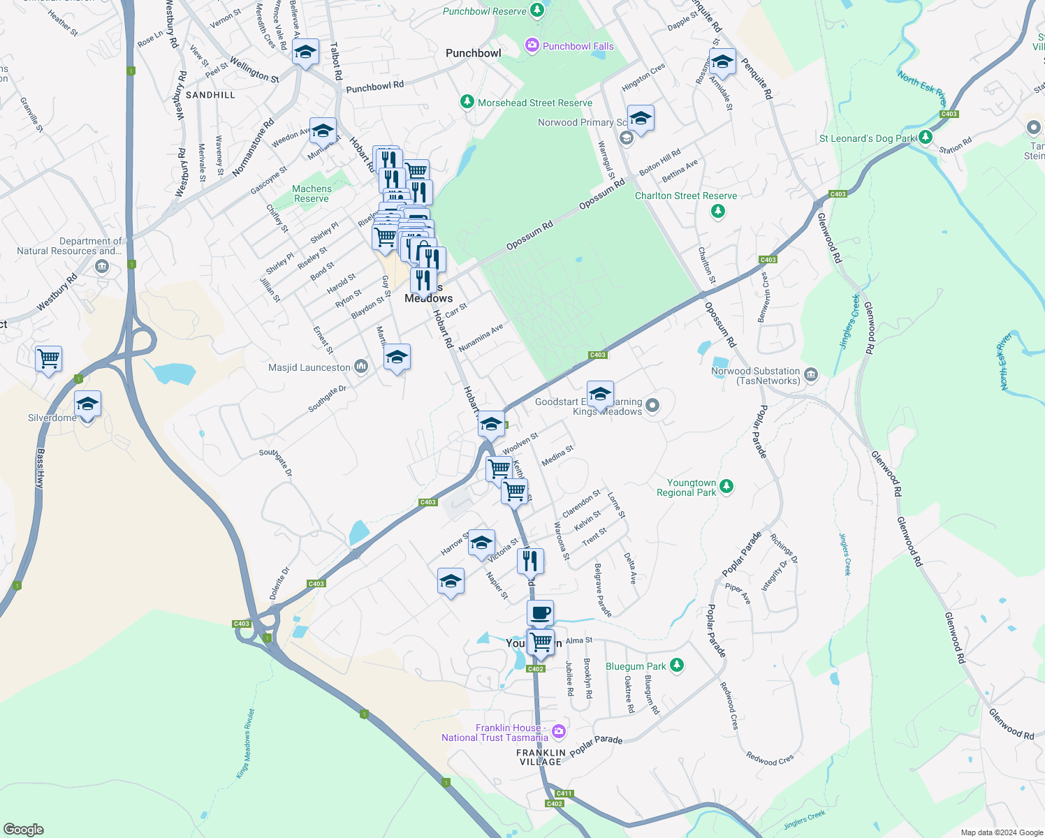 map of restaurants, bars, coffee shops, grocery stores, and more near 16 Quarantine Road in Kings Meadows