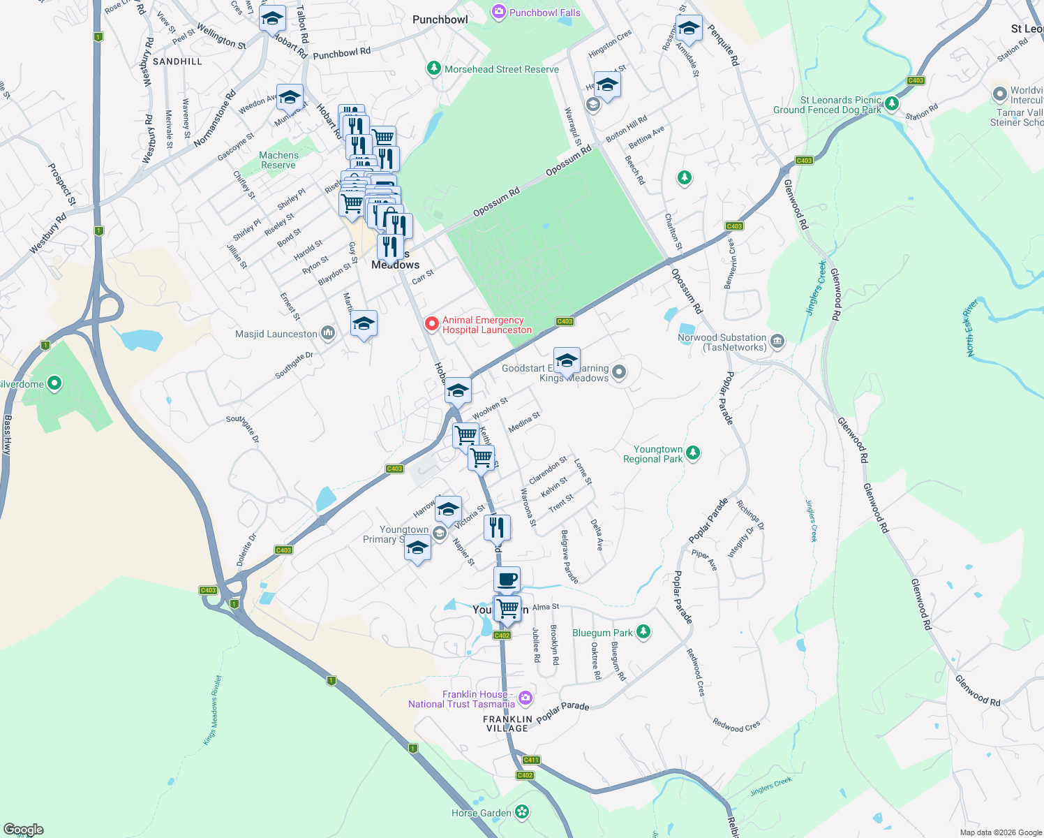 map of restaurants, bars, coffee shops, grocery stores, and more near 30 Medina Street in Youngtown