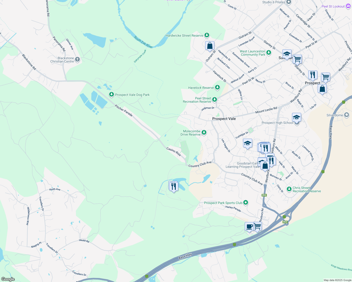 map of restaurants, bars, coffee shops, grocery stores, and more near 12 Casino Rise in Prospect Vale