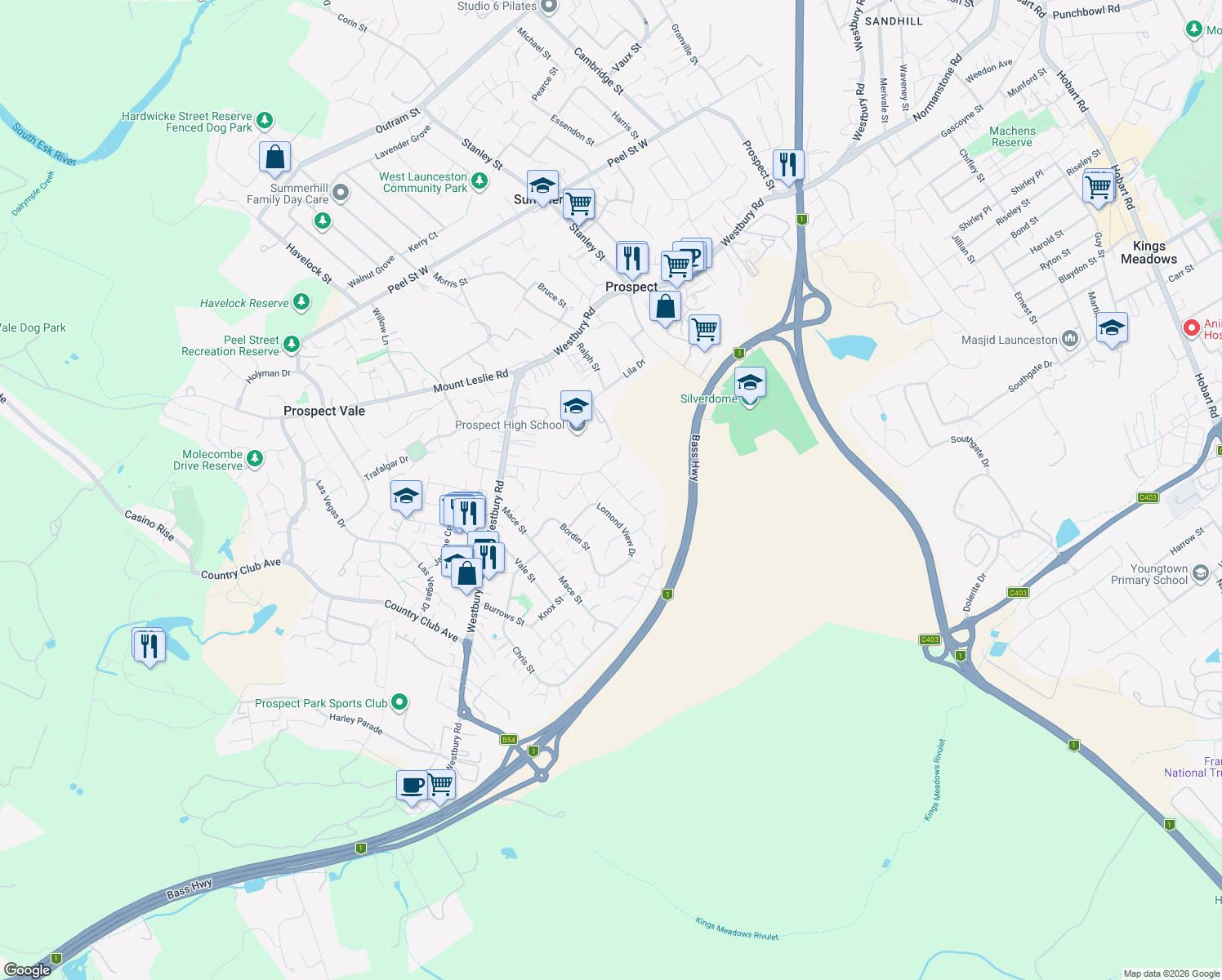 map of restaurants, bars, coffee shops, grocery stores, and more near 21 Kate Reed Drive in Prospect Vale