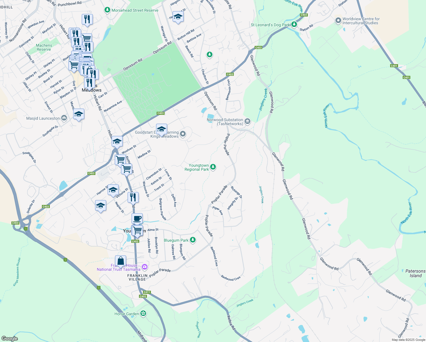 map of restaurants, bars, coffee shops, grocery stores, and more near 157 Poplar Parade in Youngtown
