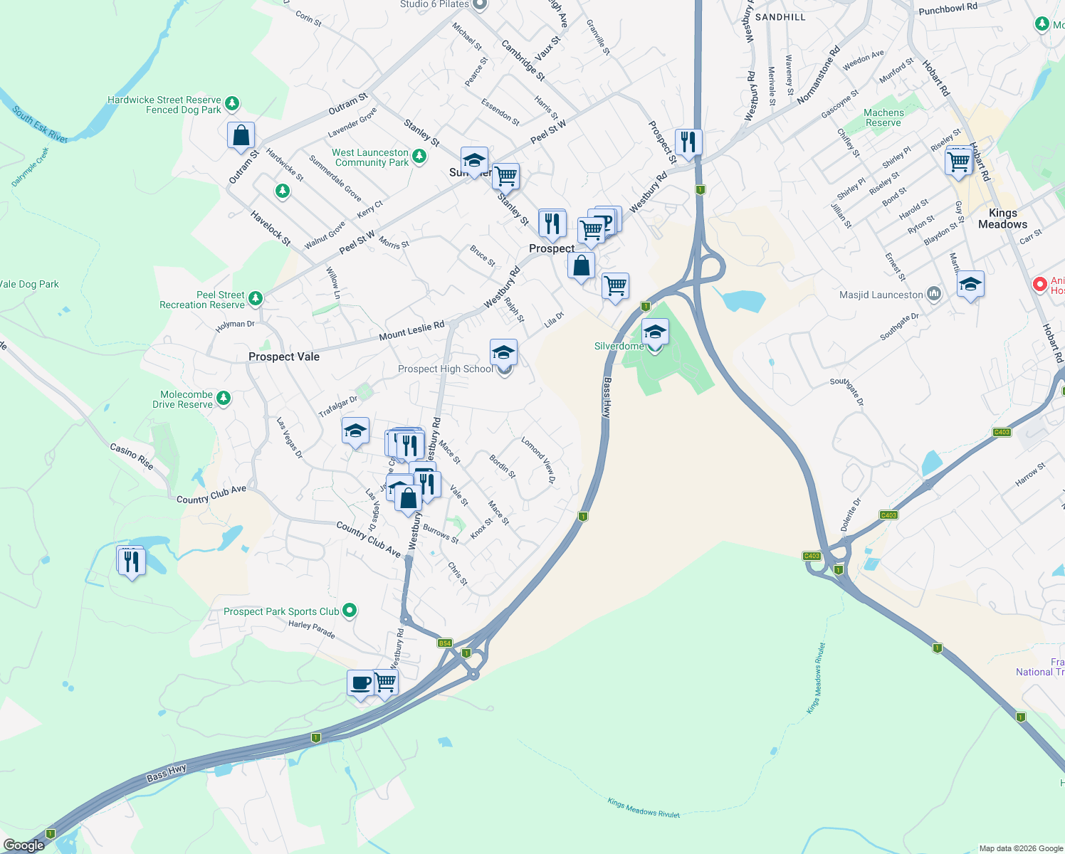 map of restaurants, bars, coffee shops, grocery stores, and more near 21 Kate Reed Drive in Prospect Vale