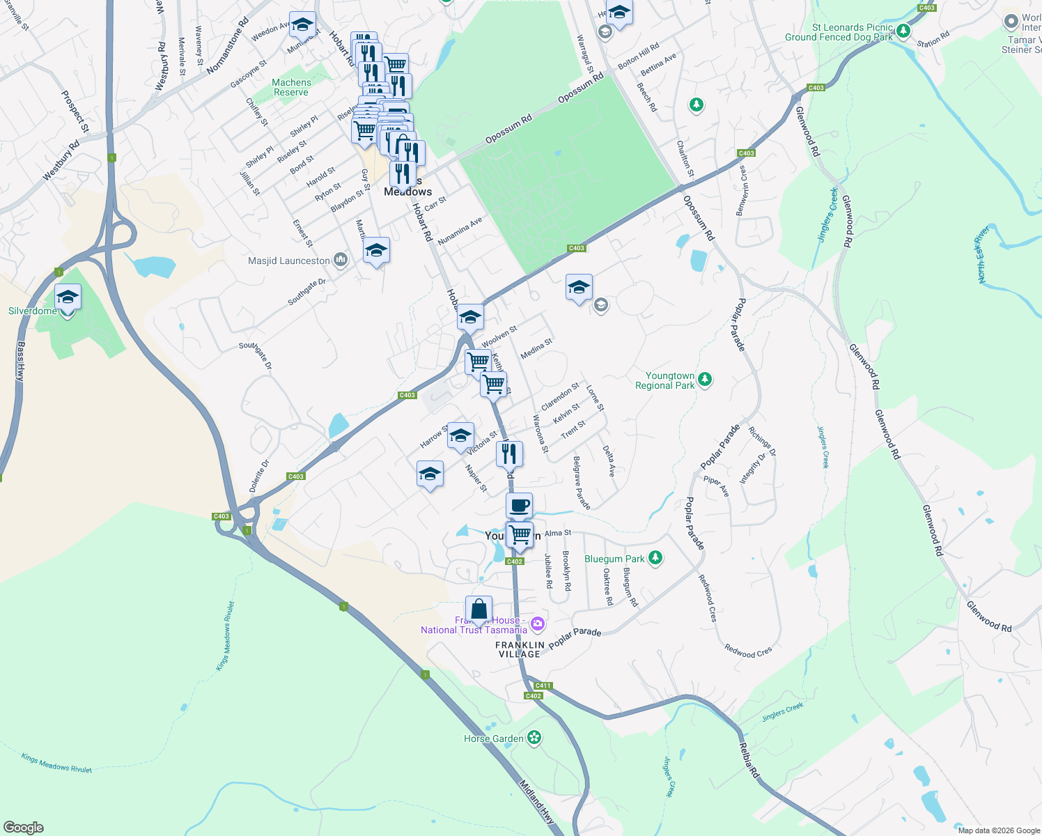 map of restaurants, bars, coffee shops, grocery stores, and more near 7 Talune Street in Youngtown