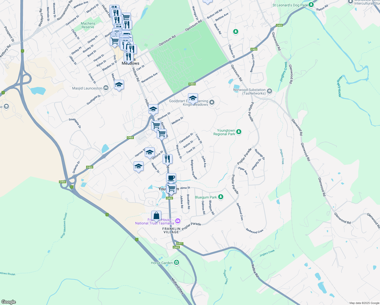map of restaurants, bars, coffee shops, grocery stores, and more near 14 Trent Street in Youngtown