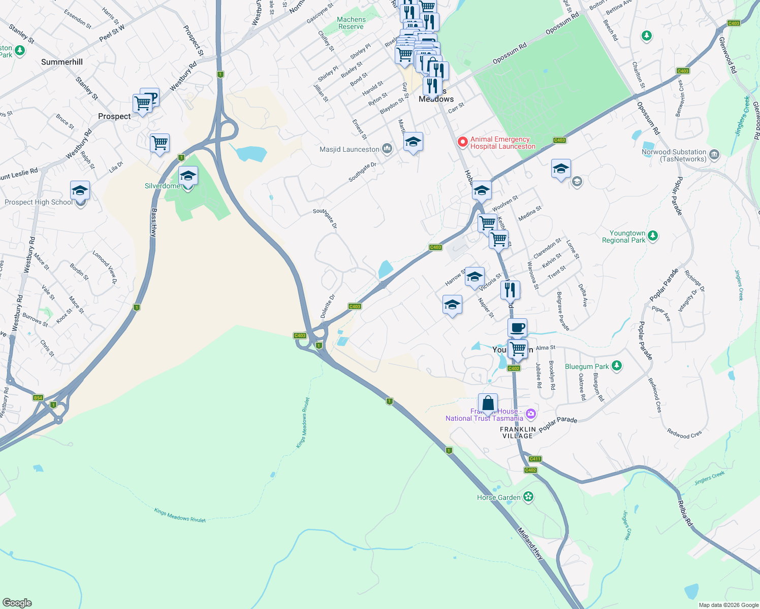 map of restaurants, bars, coffee shops, grocery stores, and more near 9 Enterprize Drive in Youngtown