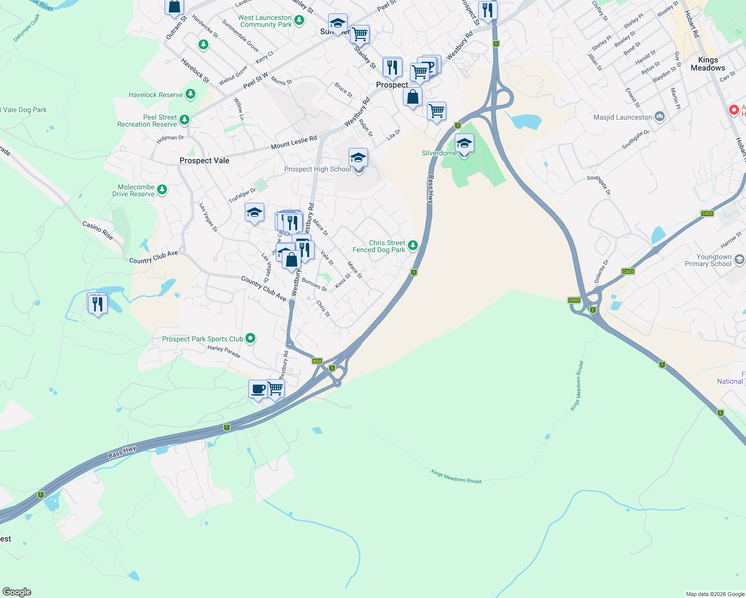 map of restaurants, bars, coffee shops, grocery stores, and more near 69 Chris Street in Prospect Vale