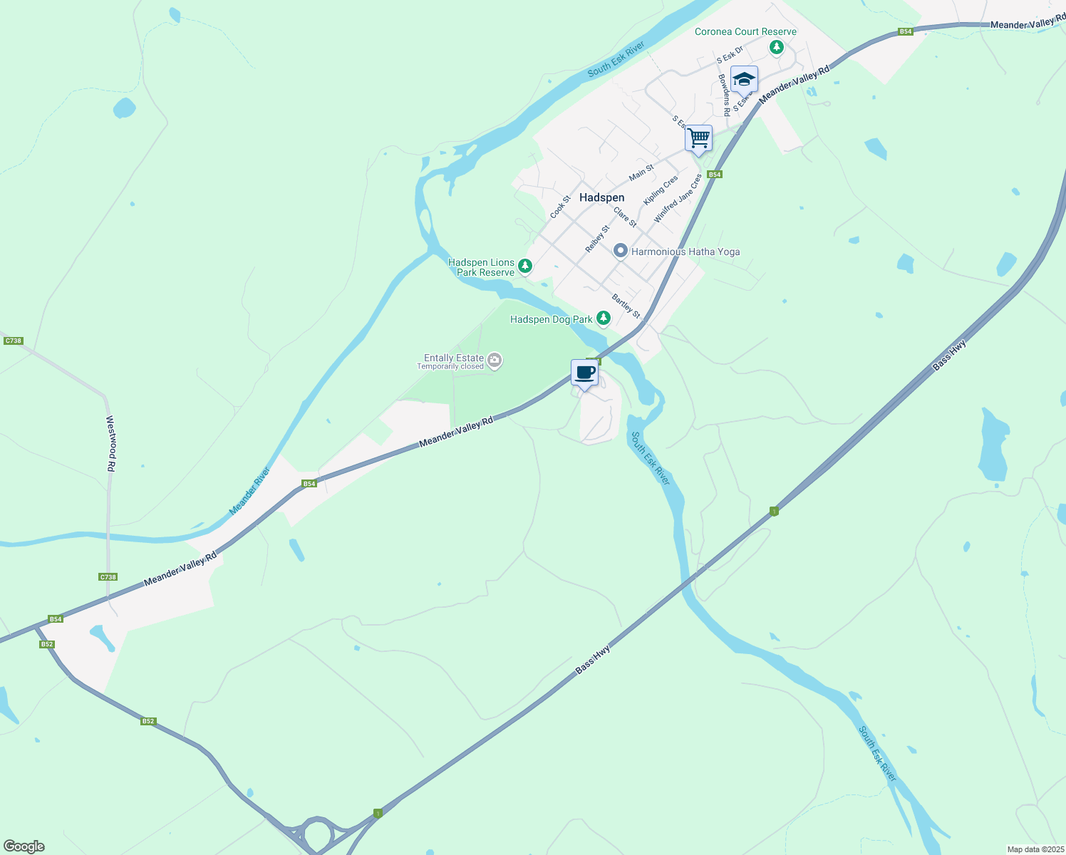 map of restaurants, bars, coffee shops, grocery stores, and more near Rutherglen Road in Hadspen