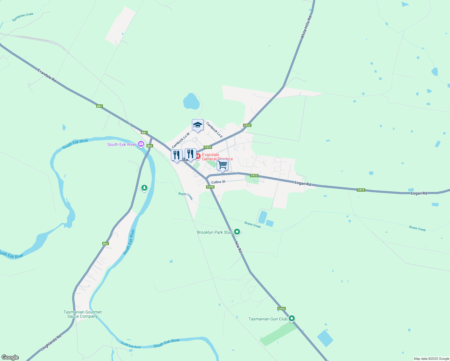 map of restaurants, bars, coffee shops, grocery stores, and more near 12 Collins Street in Evandale