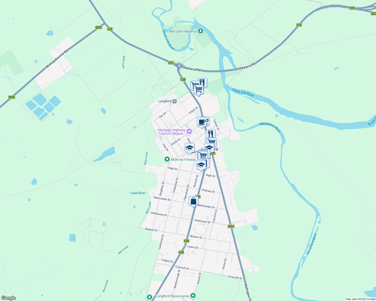 map of restaurants, bars, coffee shops, grocery stores, and more near 4 William Street in Longford