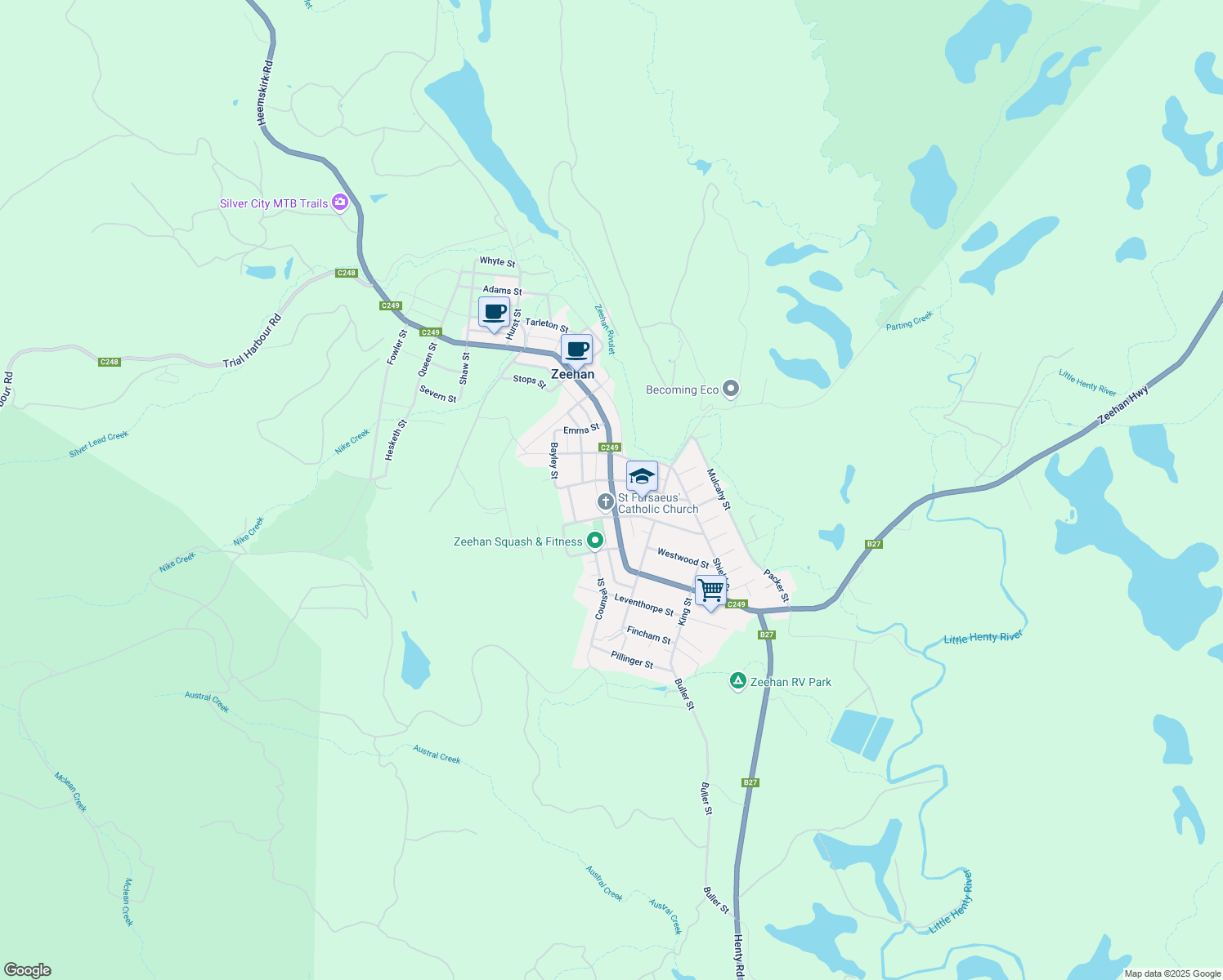 map of restaurants, bars, coffee shops, grocery stores, and more near in Zeehan
